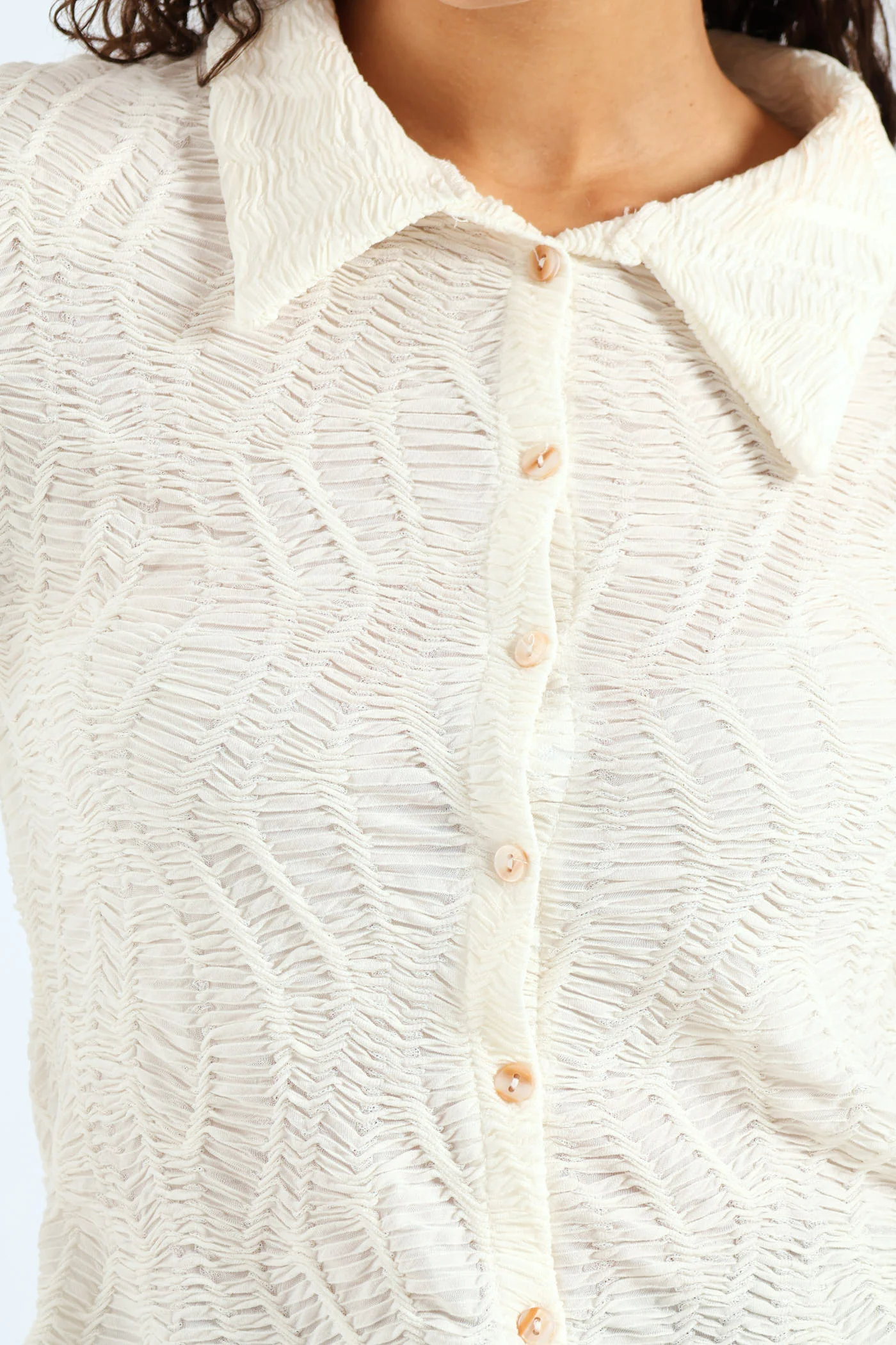 Long Sleeve Crinkle Knit Shirt - Cream - Image 2