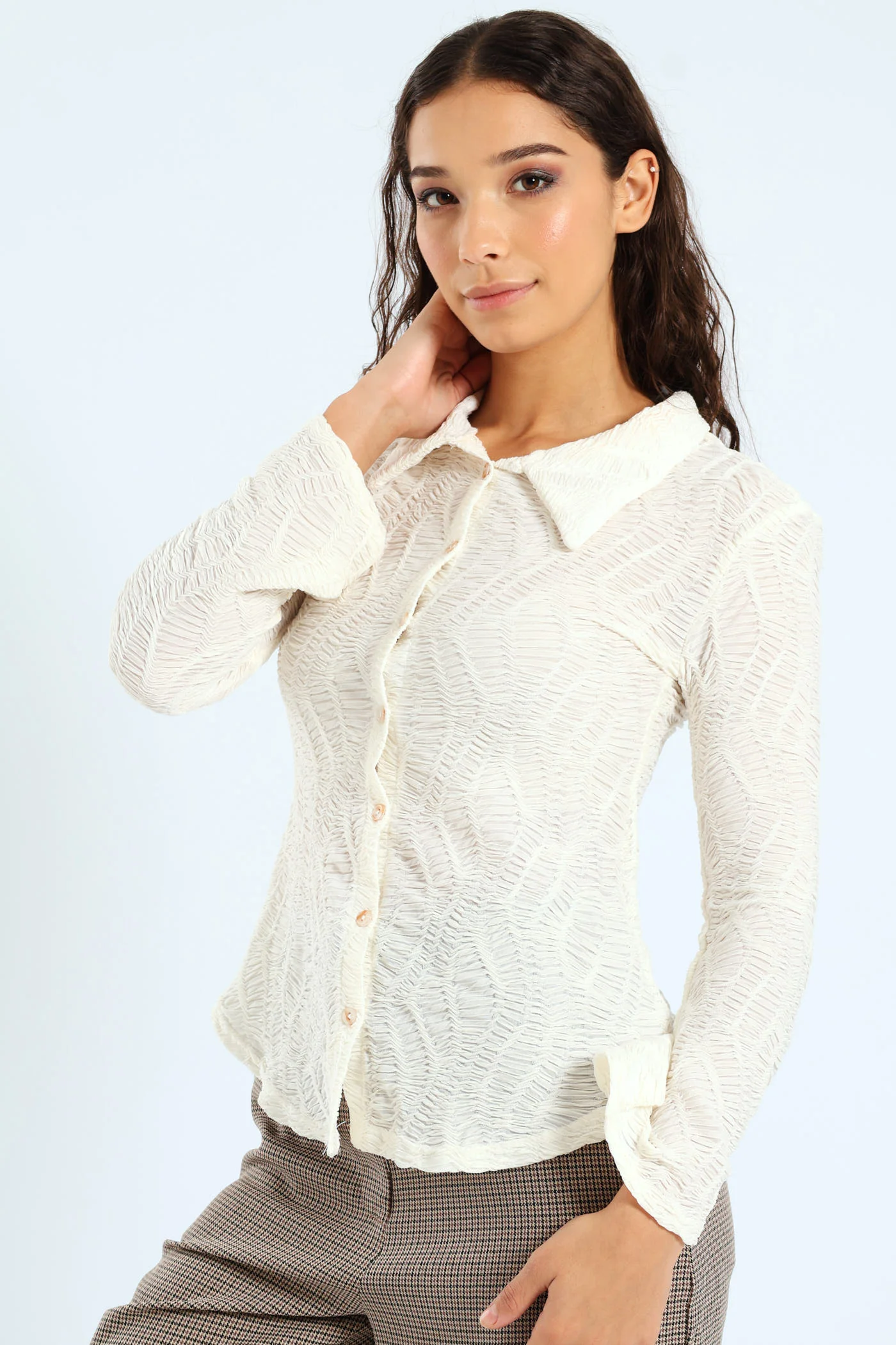 Long Sleeve Crinkle Knit Shirt - Cream - Image 3