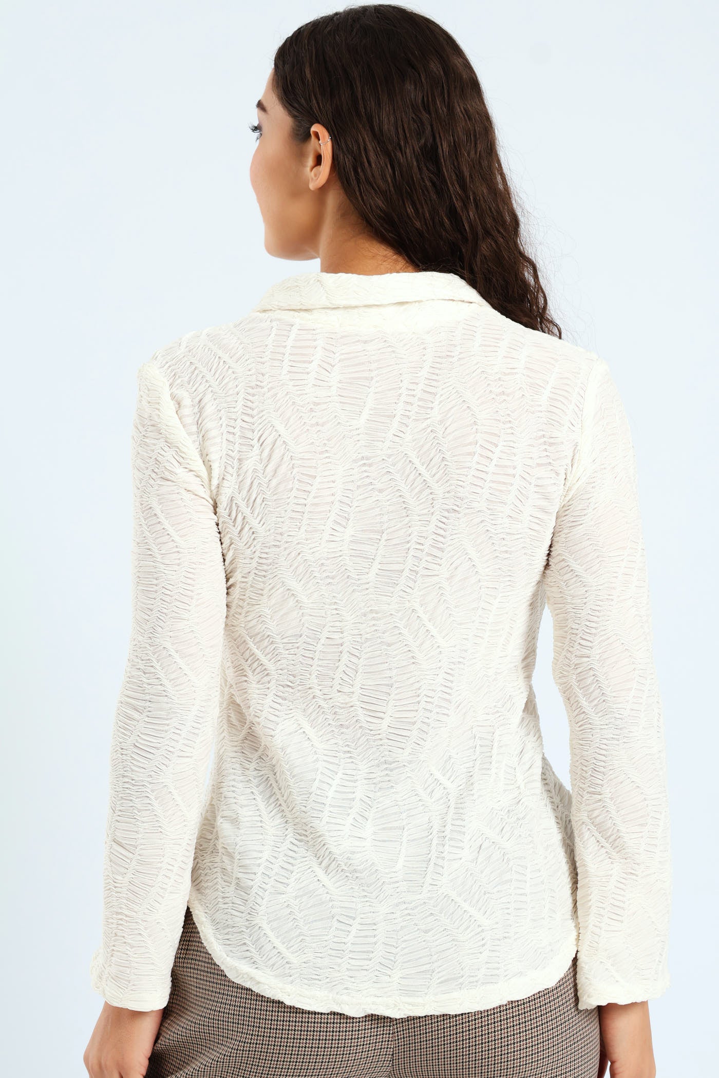 Long Sleeve Crinkle Knit Shirt - Cream - Image 4
