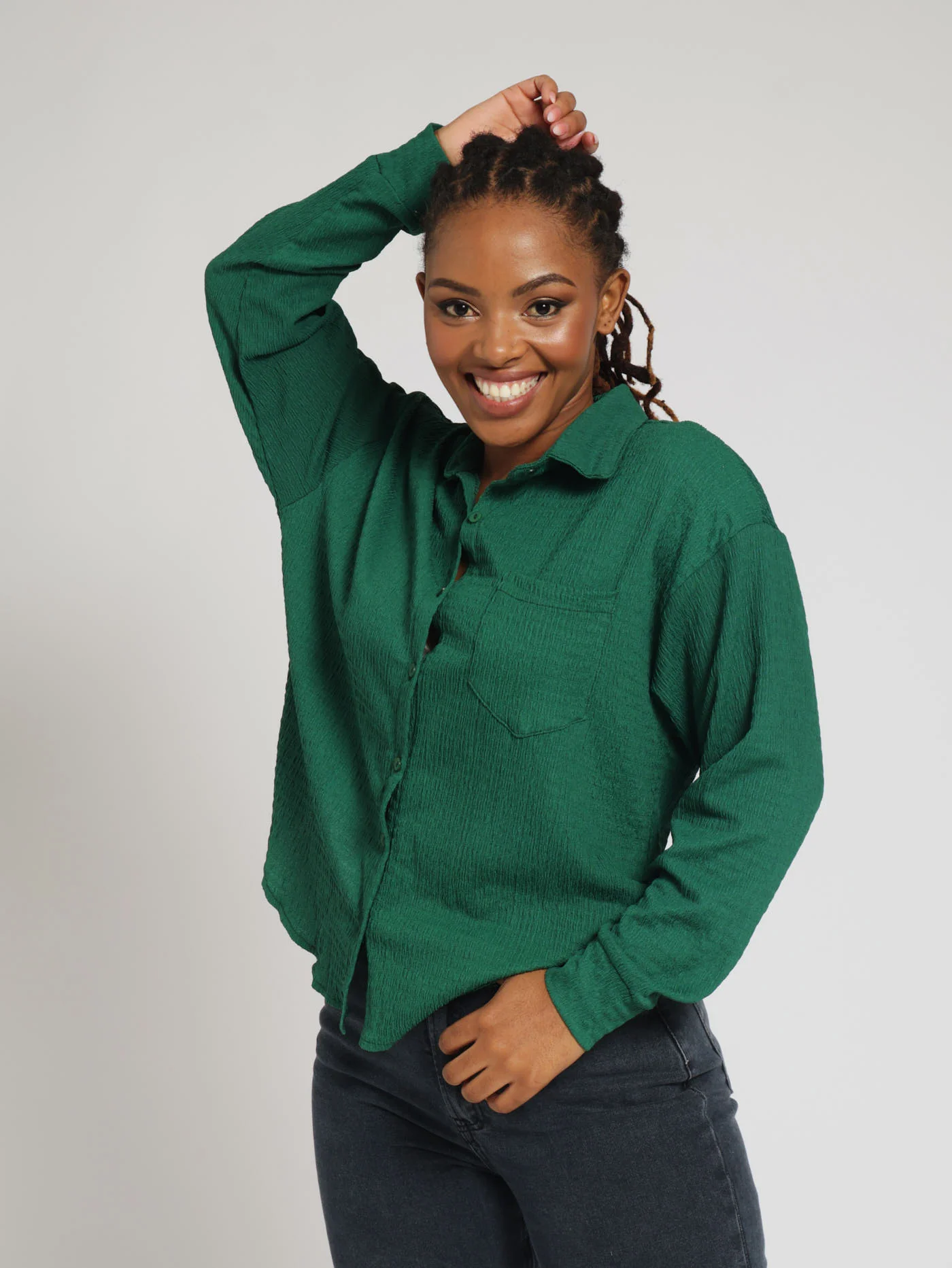 Long Sleeve Crinkle Knit Shirt - Emerald