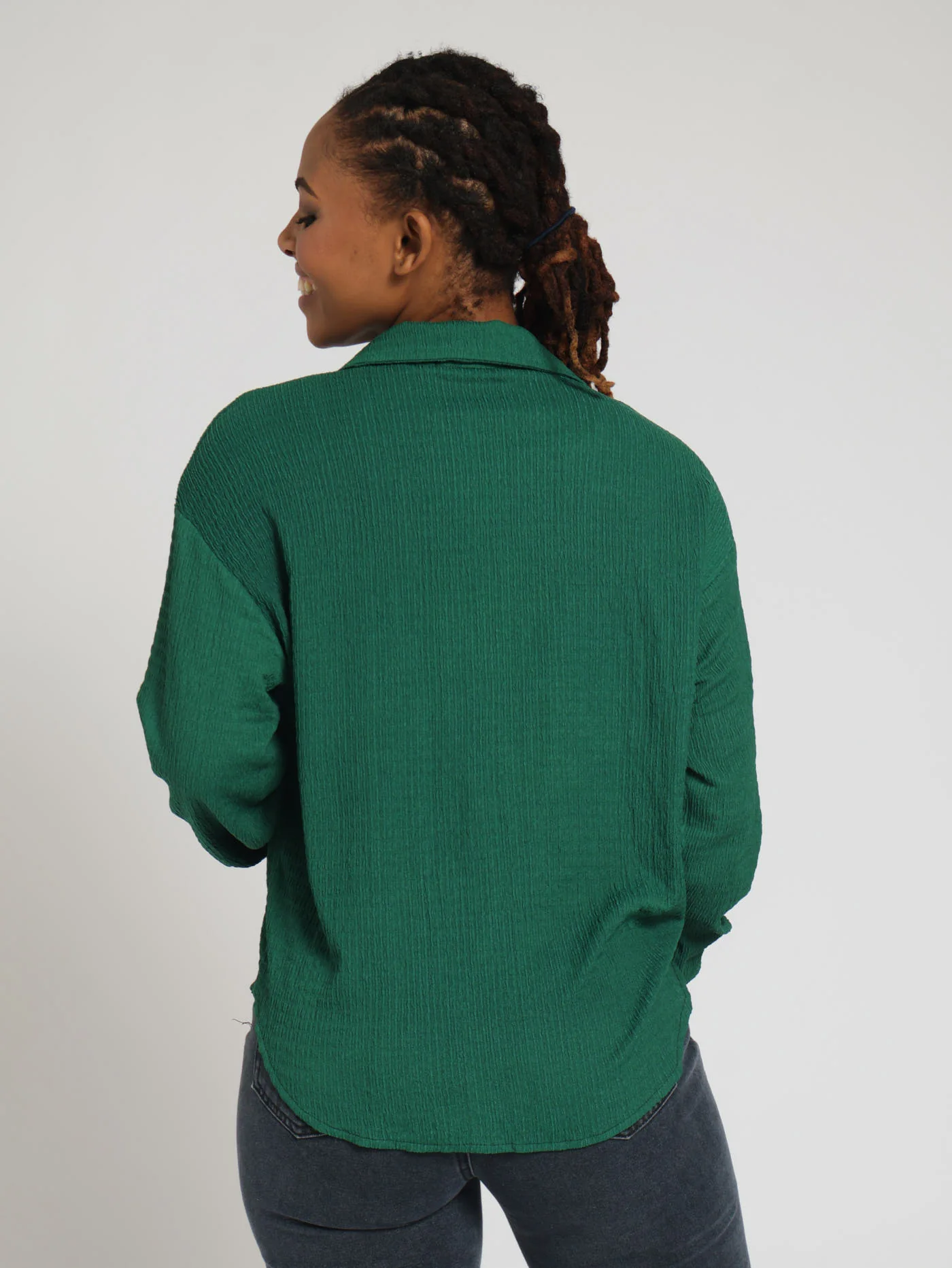 Long Sleeve Crinkle Knit Shirt - Emerald - Image 3