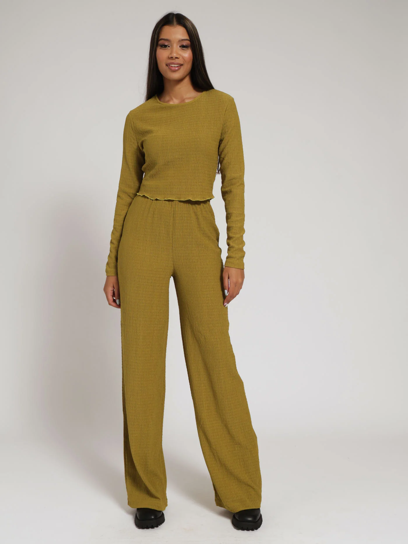 Long Sleeve Crinkle Knit Top - Chartreuse - Image 4