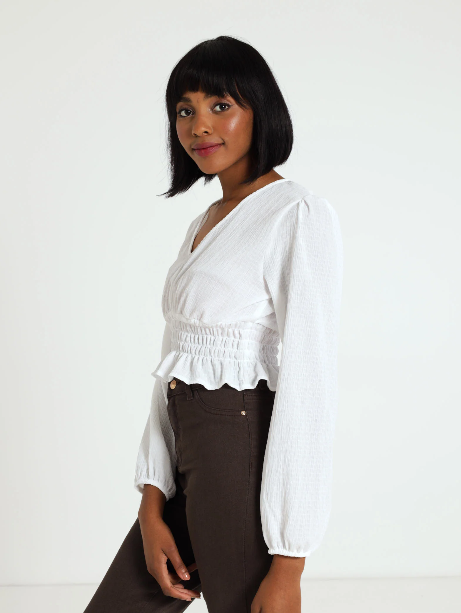 Long Sleeve Crinkle Shirred Waist Tee - Image 2