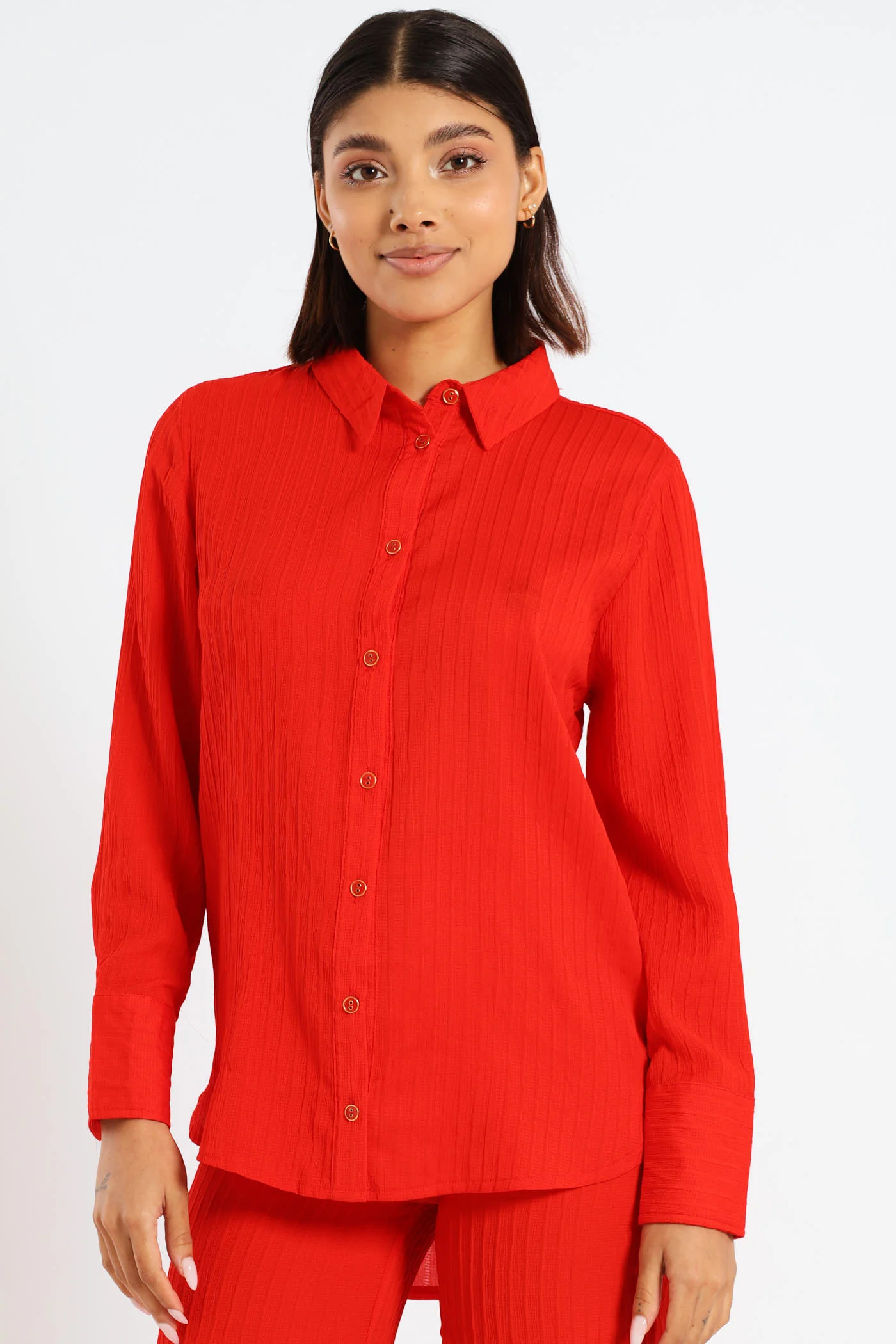 Long Sleeve Crinkle Shirt - Red - Image 2