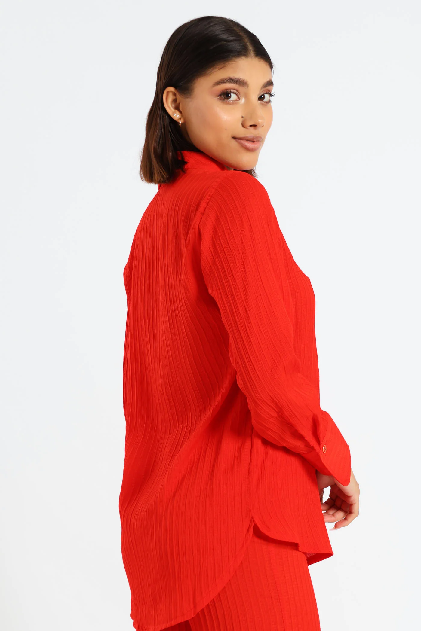Long Sleeve Crinkle Shirt - Red - Image 3