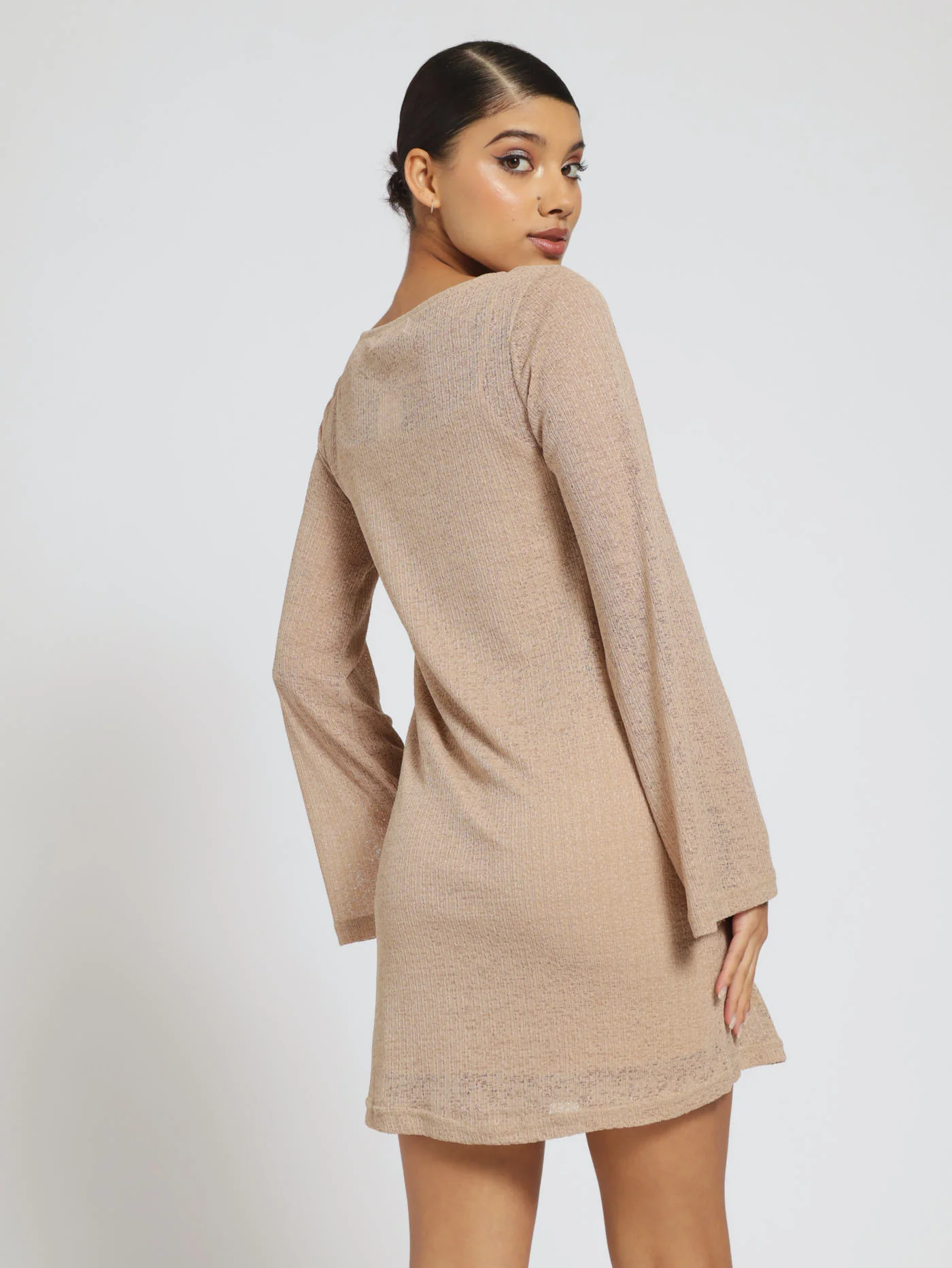 Long Sleeve Crochet Look Mini Dress - Beige - Image 3