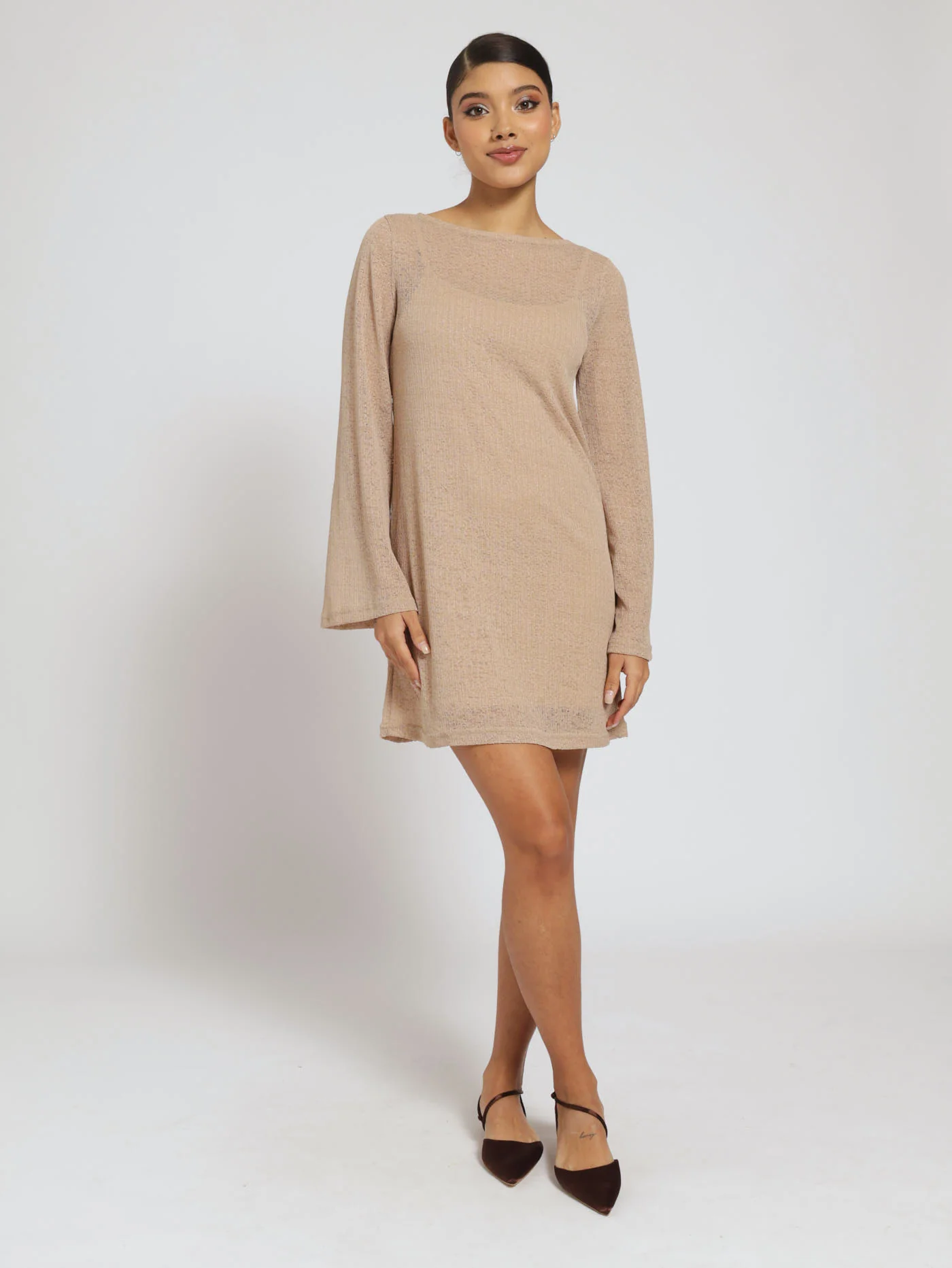 Long Sleeve Crochet Look Mini Dress - Beige - Image 4