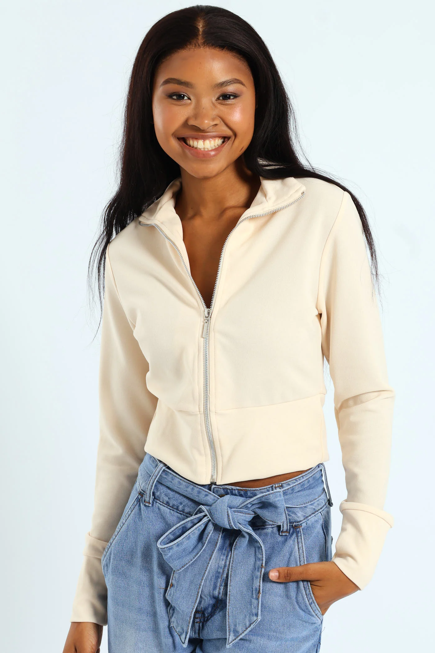 Long Sleeve Crop Zip Detail Pullover - Oatmeal