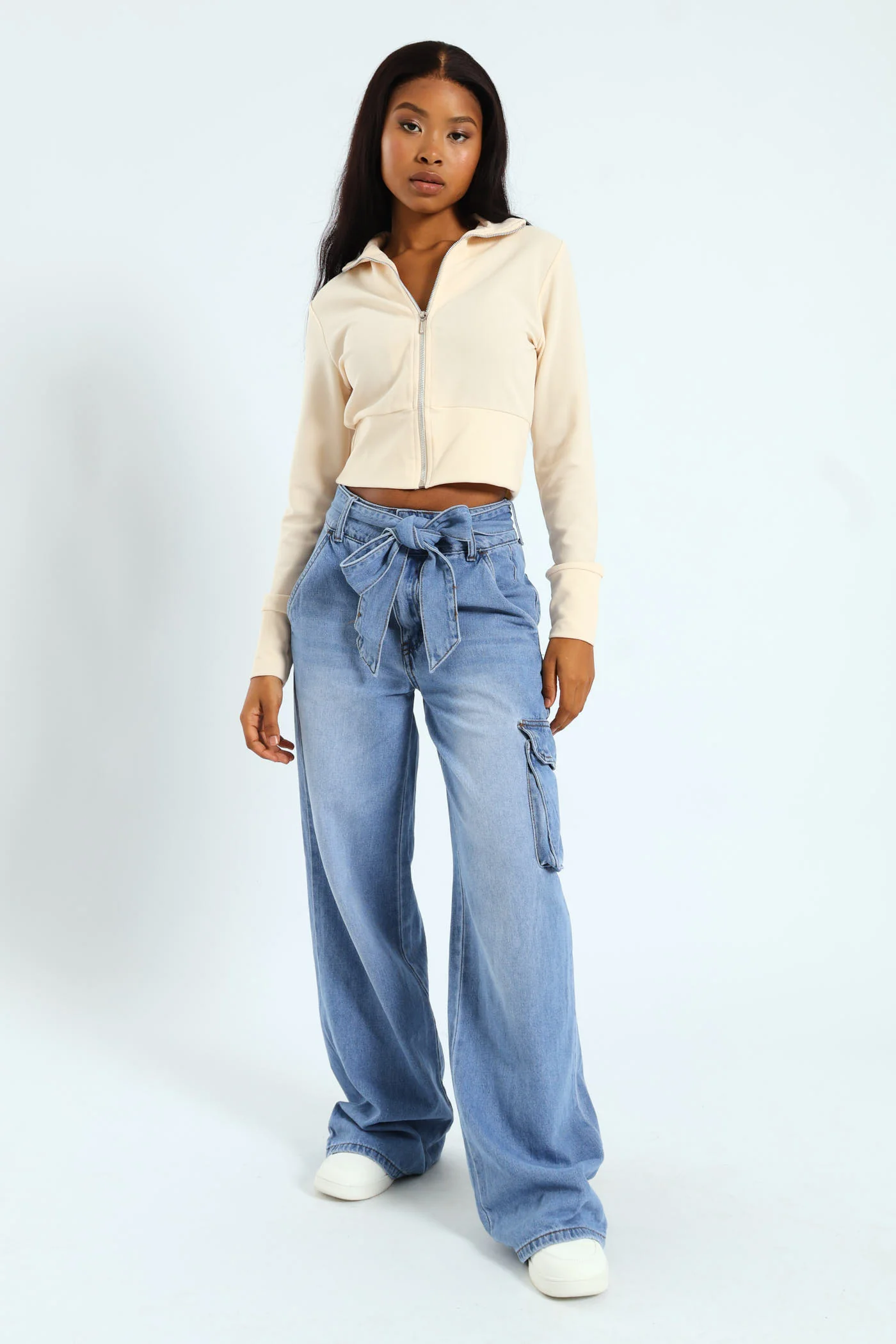 Long Sleeve Crop Zip Detail Pullover - Oatmeal - Image 2