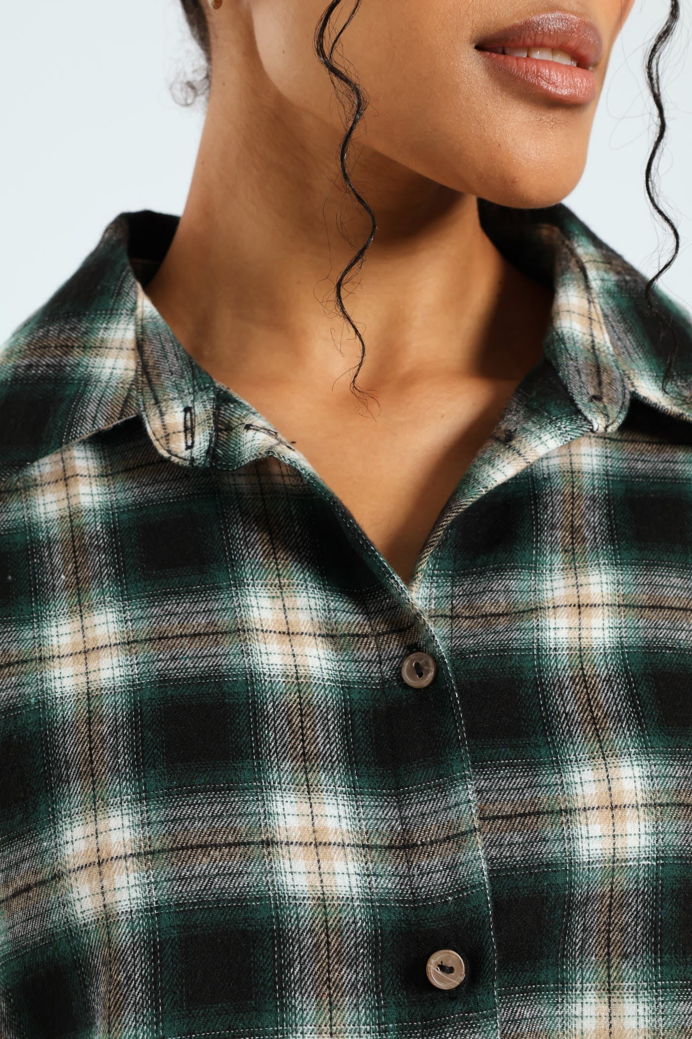 Long Sleeve Cropped Check Shirt - Teal - Image 2