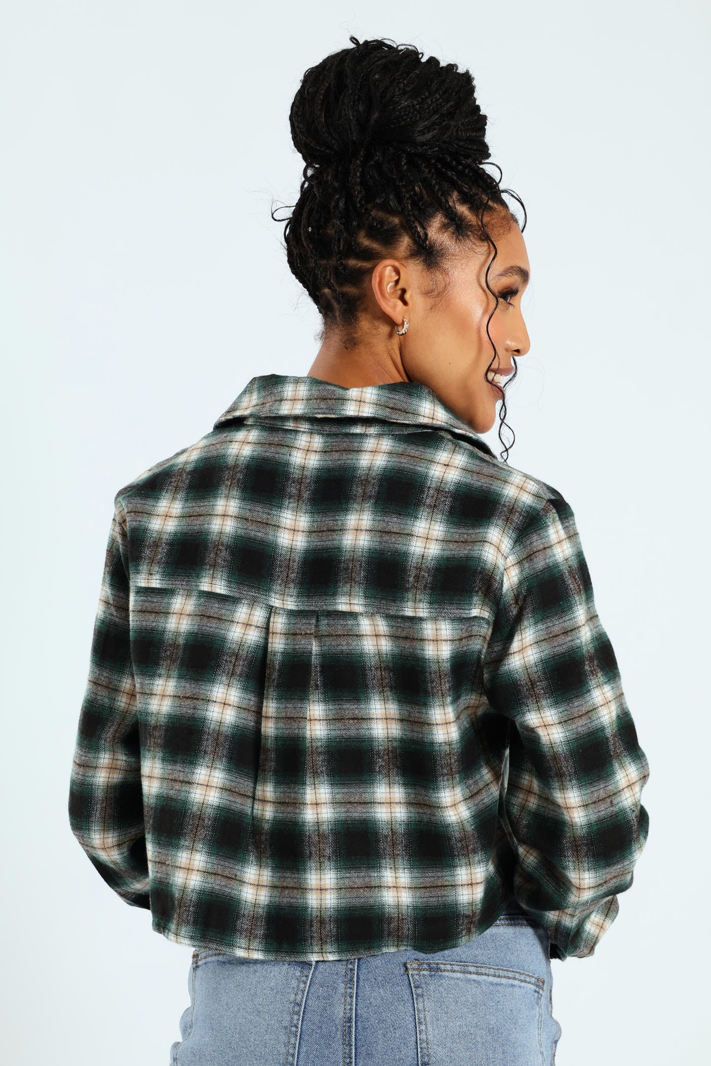 Long Sleeve Cropped Check Shirt - Teal - Image 4