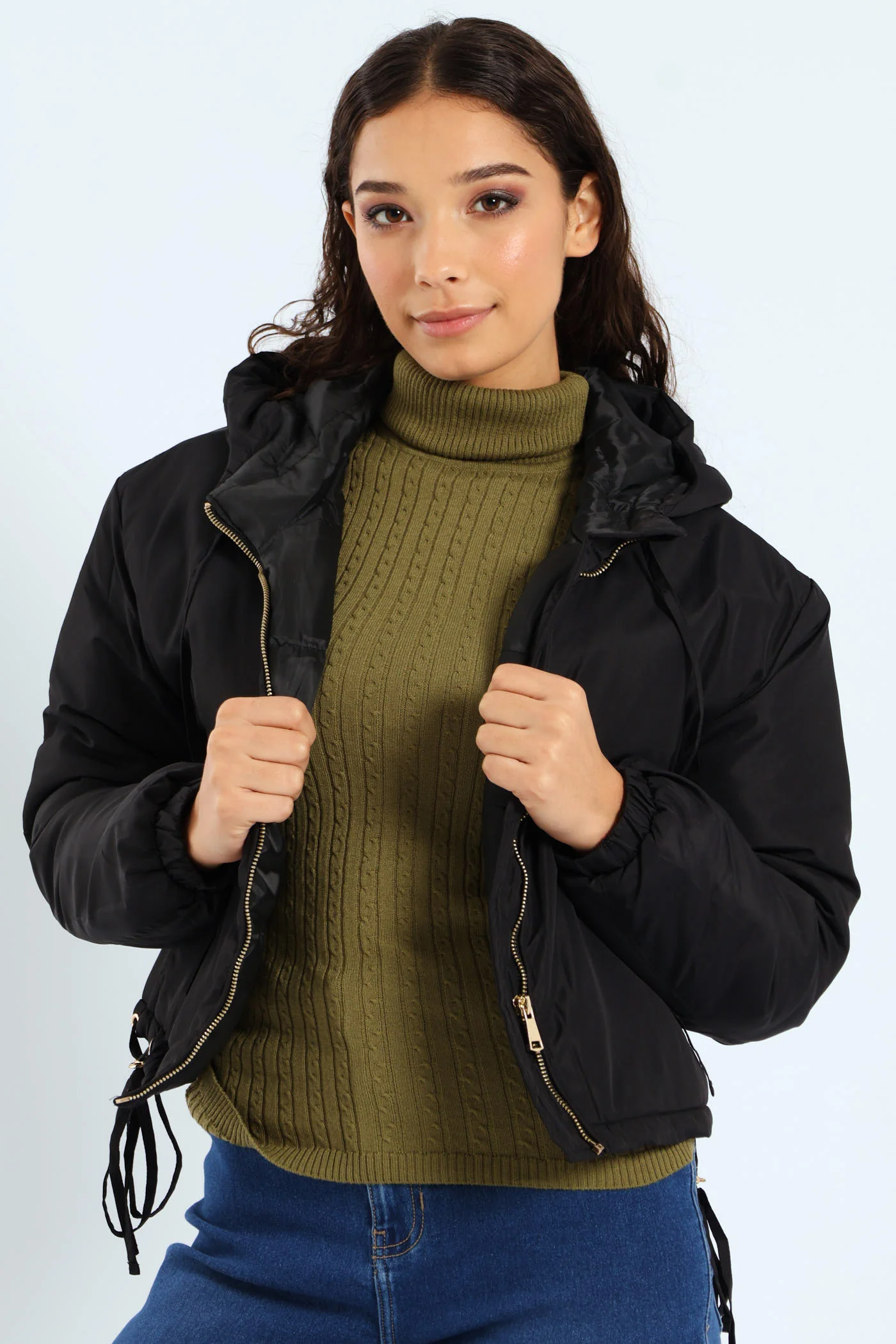 Long Sleeve Cropped Puffer Jacket - Black