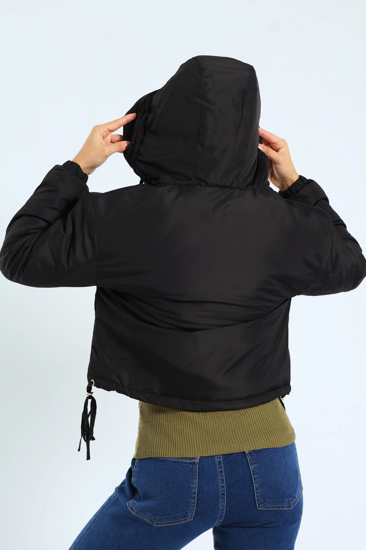 Long Sleeve Cropped Puffer Jacket - Black - Image 2