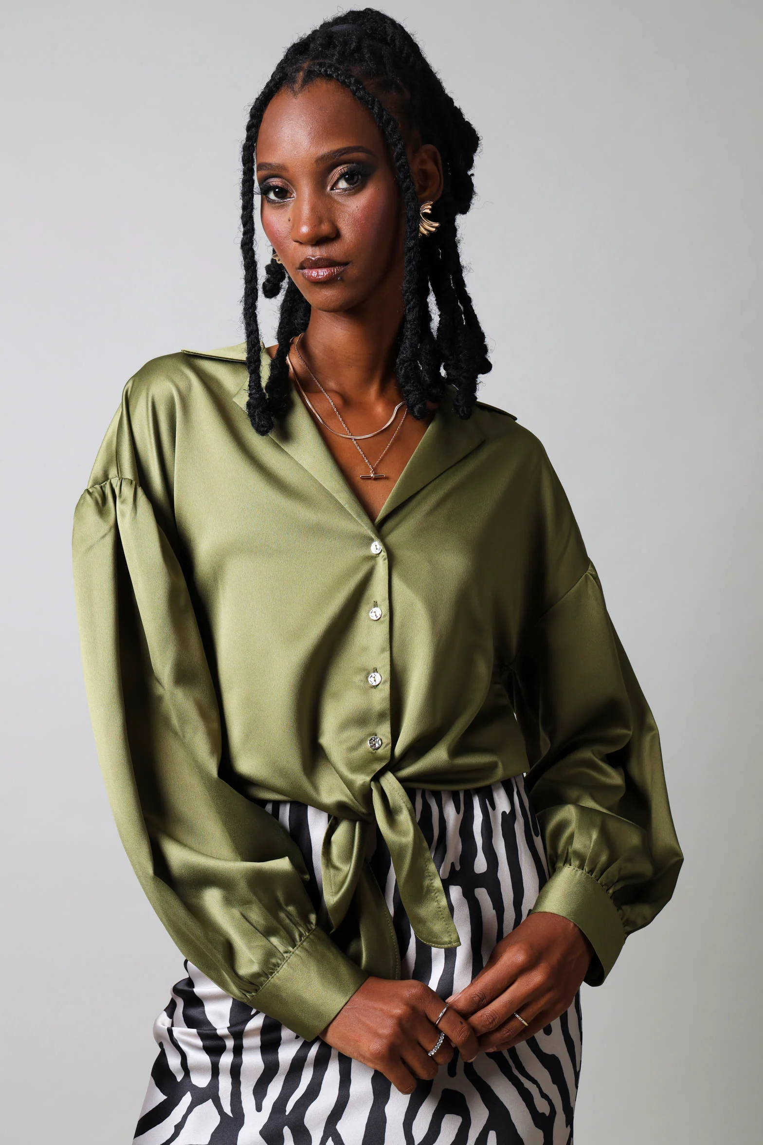 Long Sleeve Cropped Satin Tie Shirt - Fatigue
