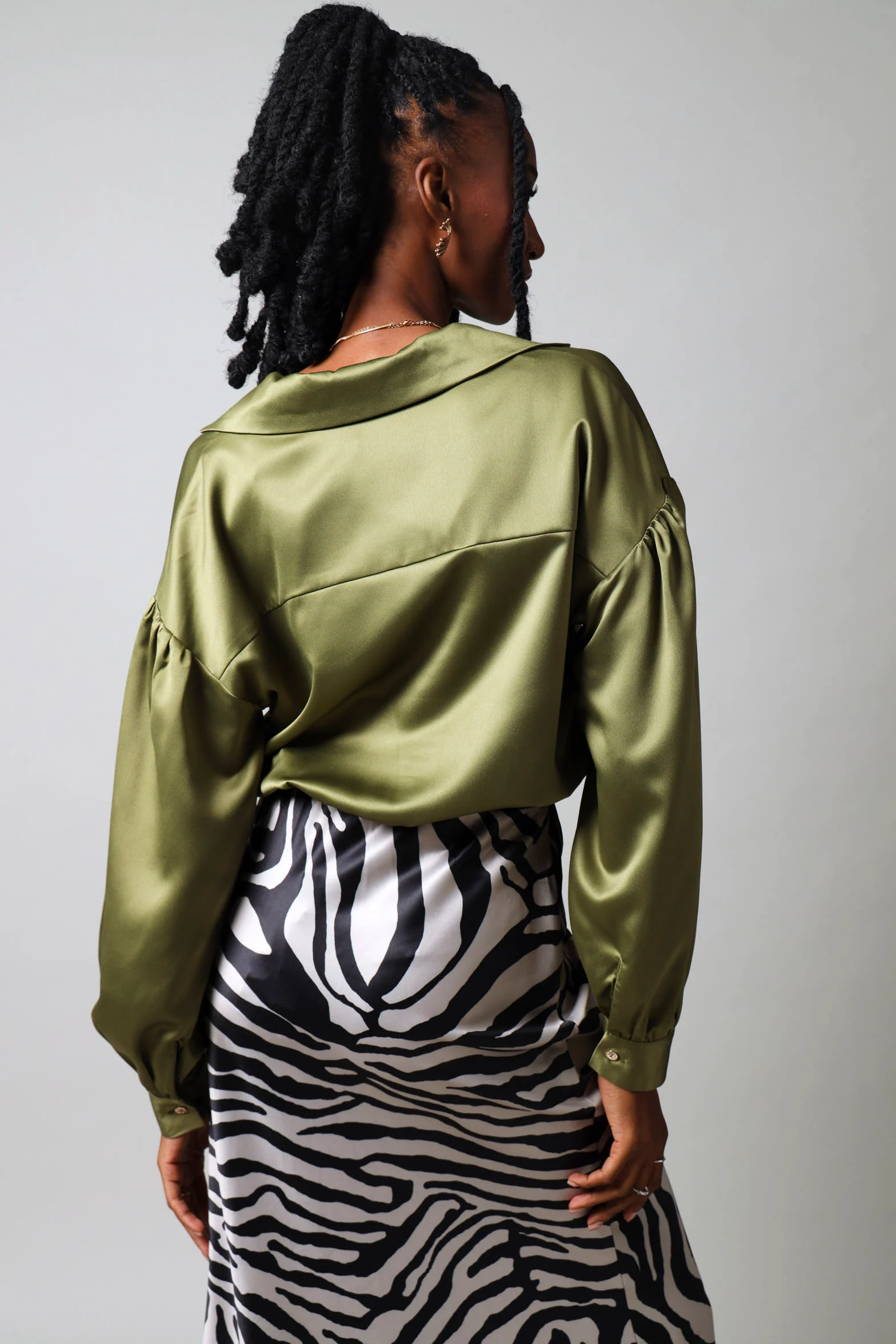 Long Sleeve Cropped Satin Tie Shirt - Fatigue - Image 2