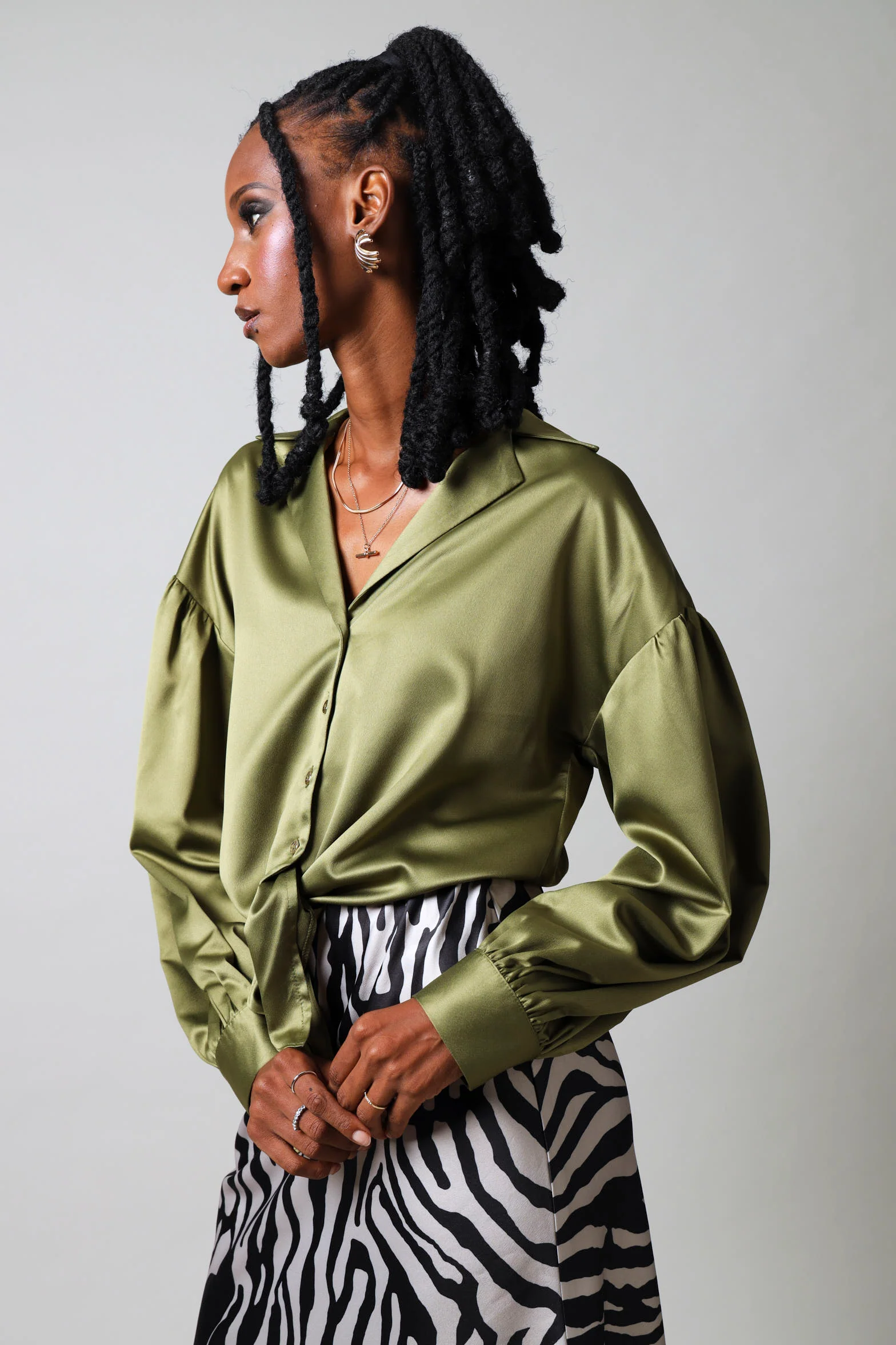 Long Sleeve Cropped Satin Tie Shirt - Fatigue - Image 4