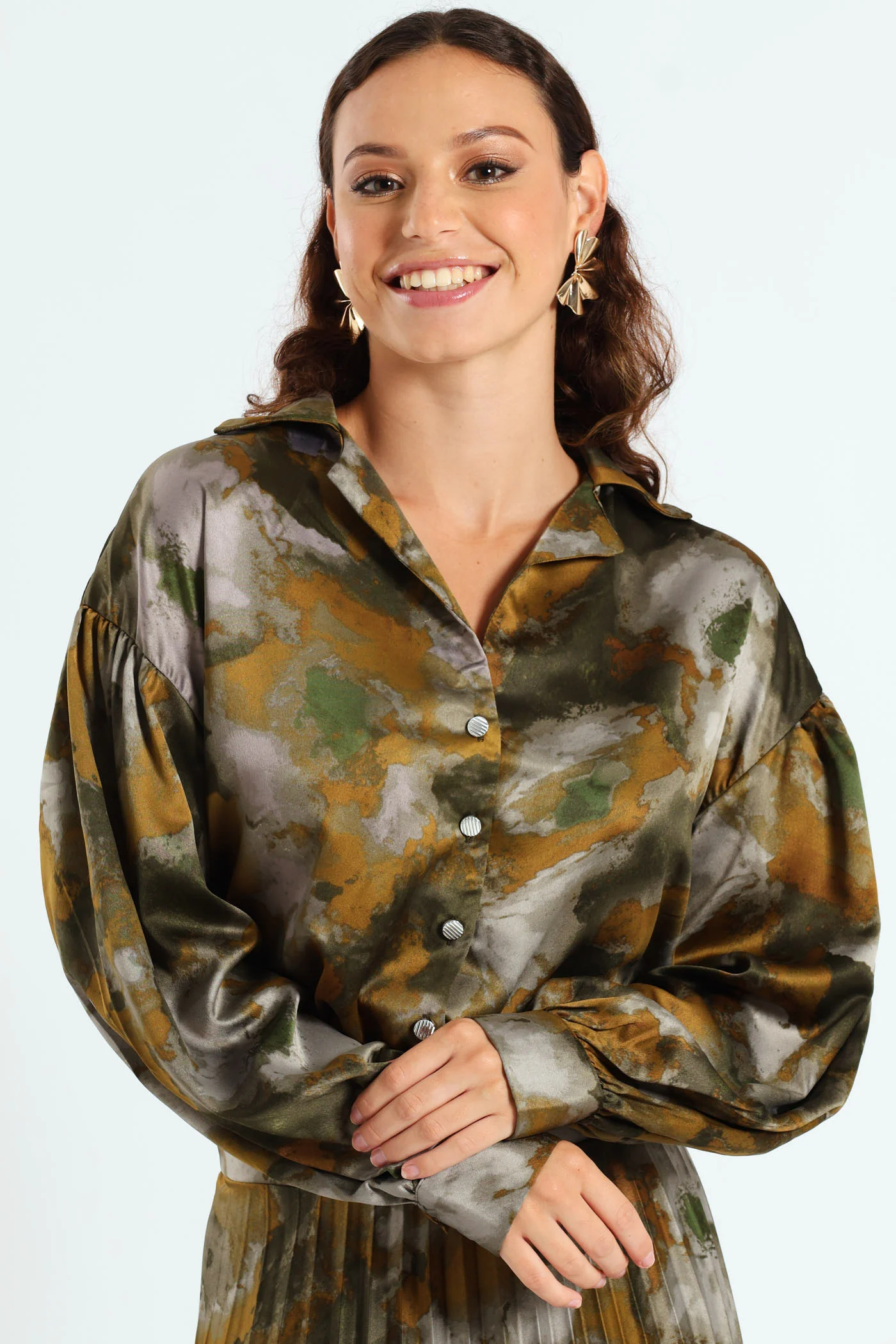 Long Sleeve Cropped Tie Front Detail Shirt - Grey/Green