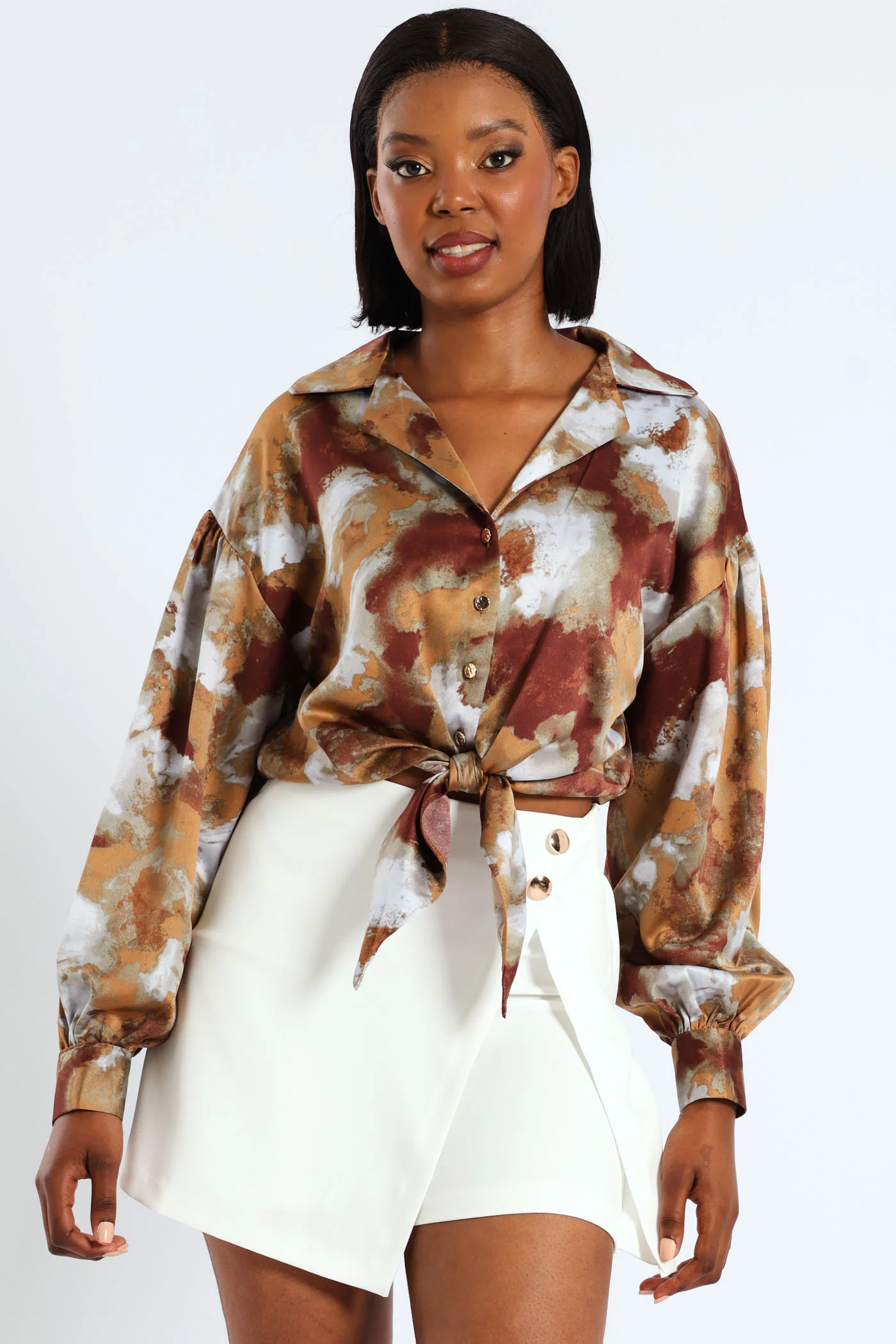 Long Sleeve Cropped Tie Front Detail Shirt - Multi