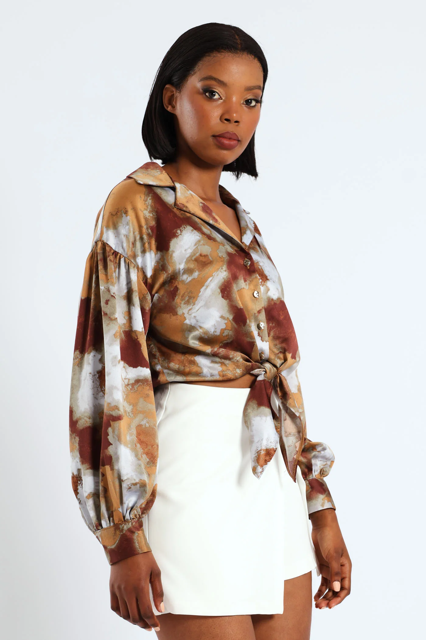Long Sleeve Cropped Tie Front Detail Shirt - Multi - Image 3