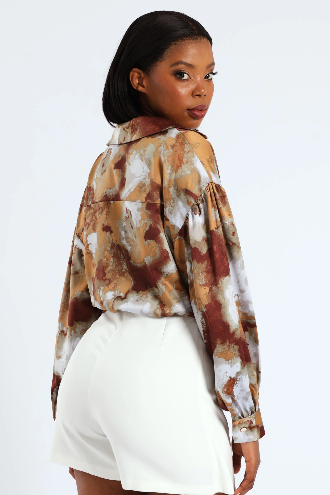 Long Sleeve Cropped Tie Front Detail Shirt - Multi - Image 4