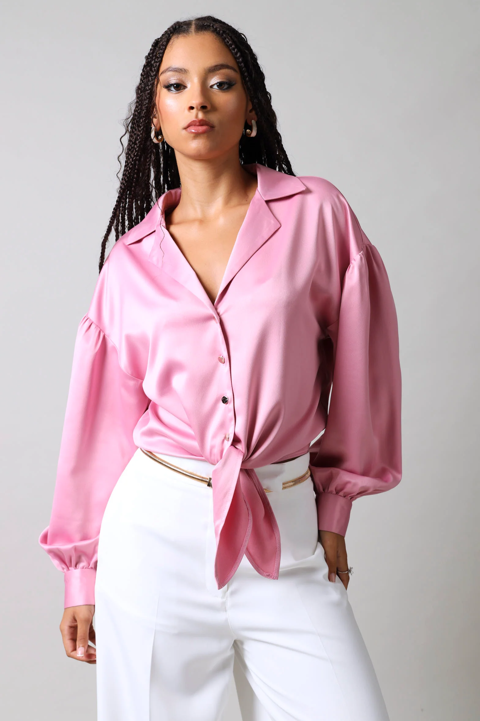 Long Sleeve Cropped Tie Front Detail Shirt - Pink - Image 3