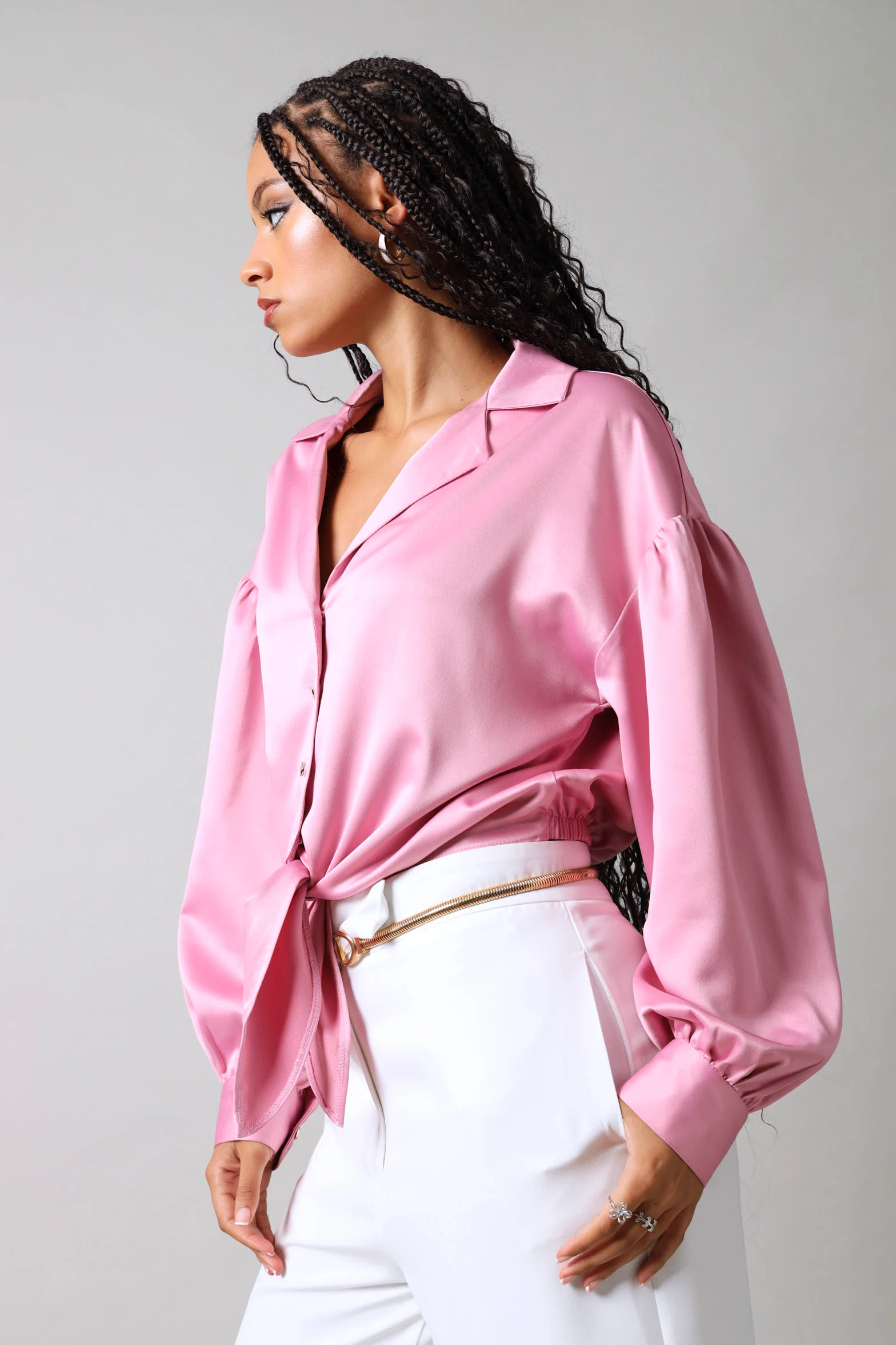 Long Sleeve Cropped Tie Front Detail Shirt - Pink - Image 4