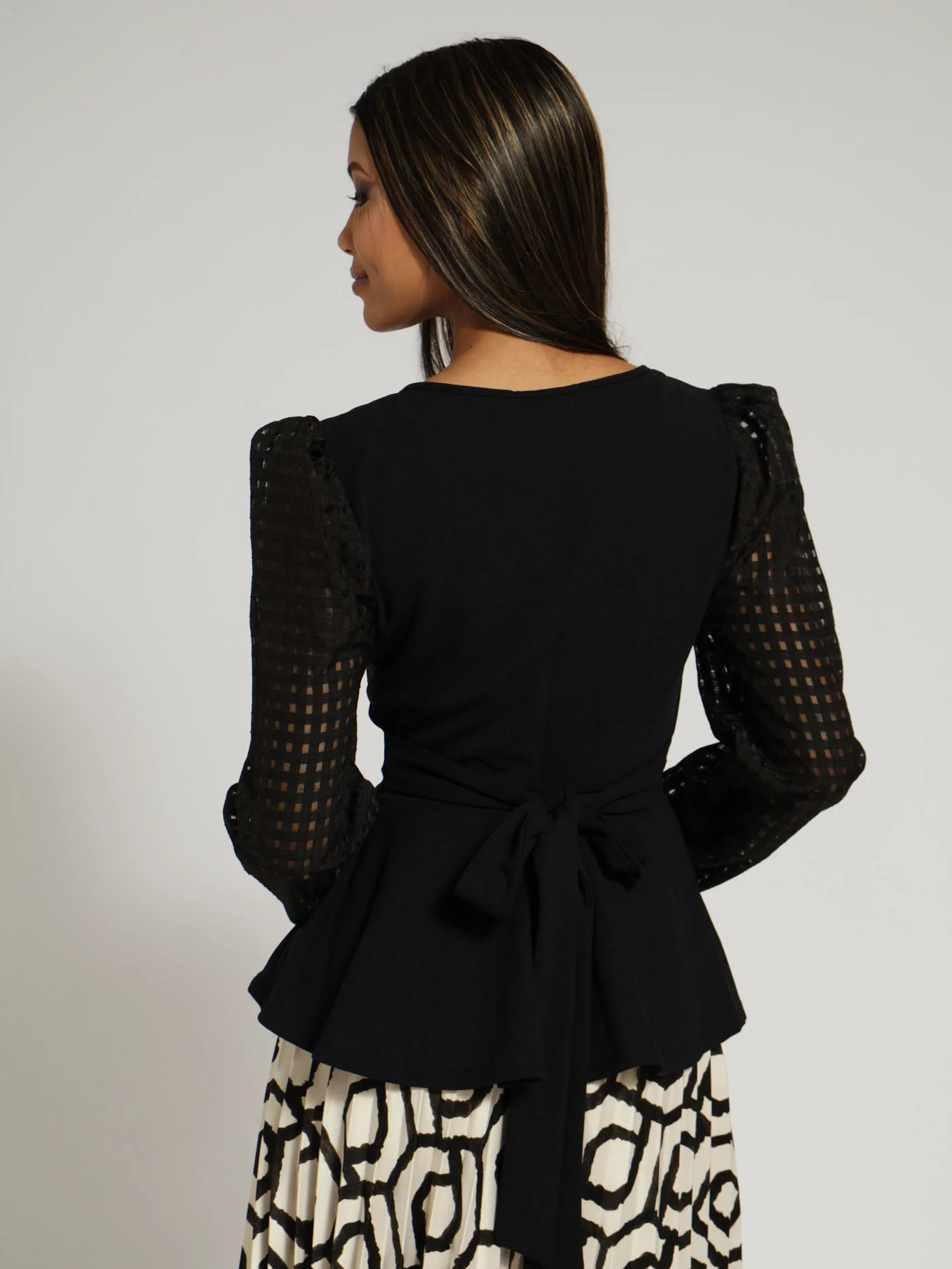 Long Sleeve Cross Over Check Organza Sleeve Top - Black - Image 3