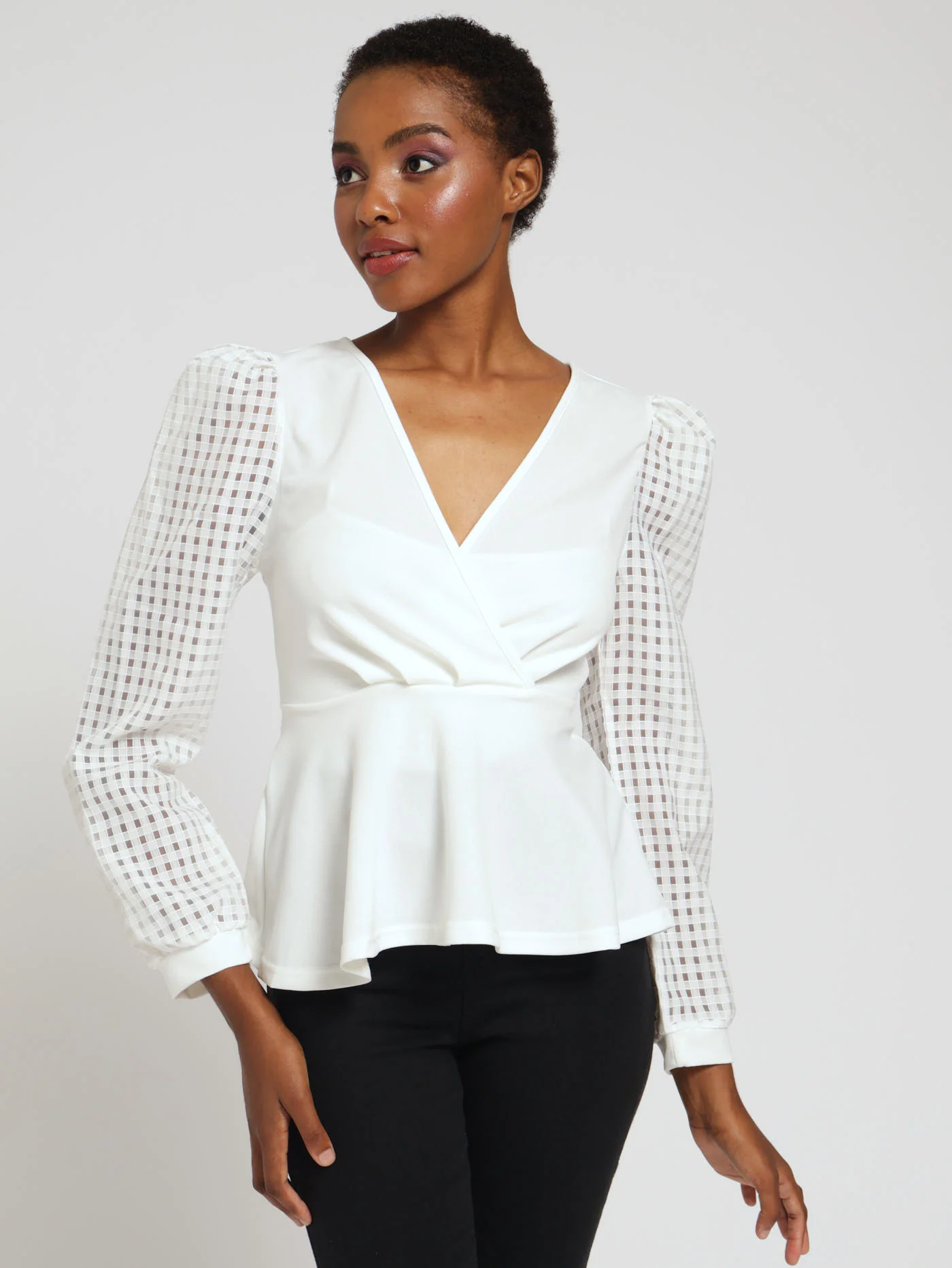 Long Sleeve Cross Over Check Organza Sleeve Top - Off White