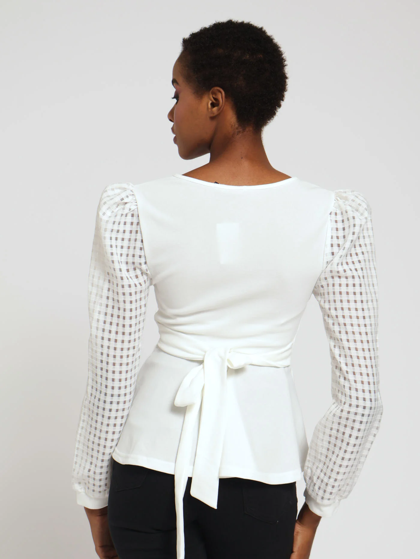Long Sleeve Cross Over Check Organza Sleeve Top - Off White - Image 3
