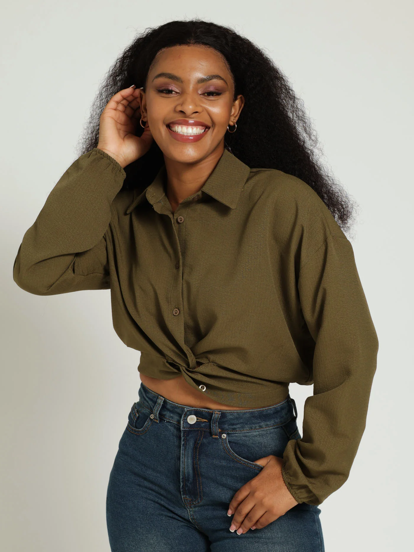 Long Sleeve Crossover Crinkle Shirt - Fatigue