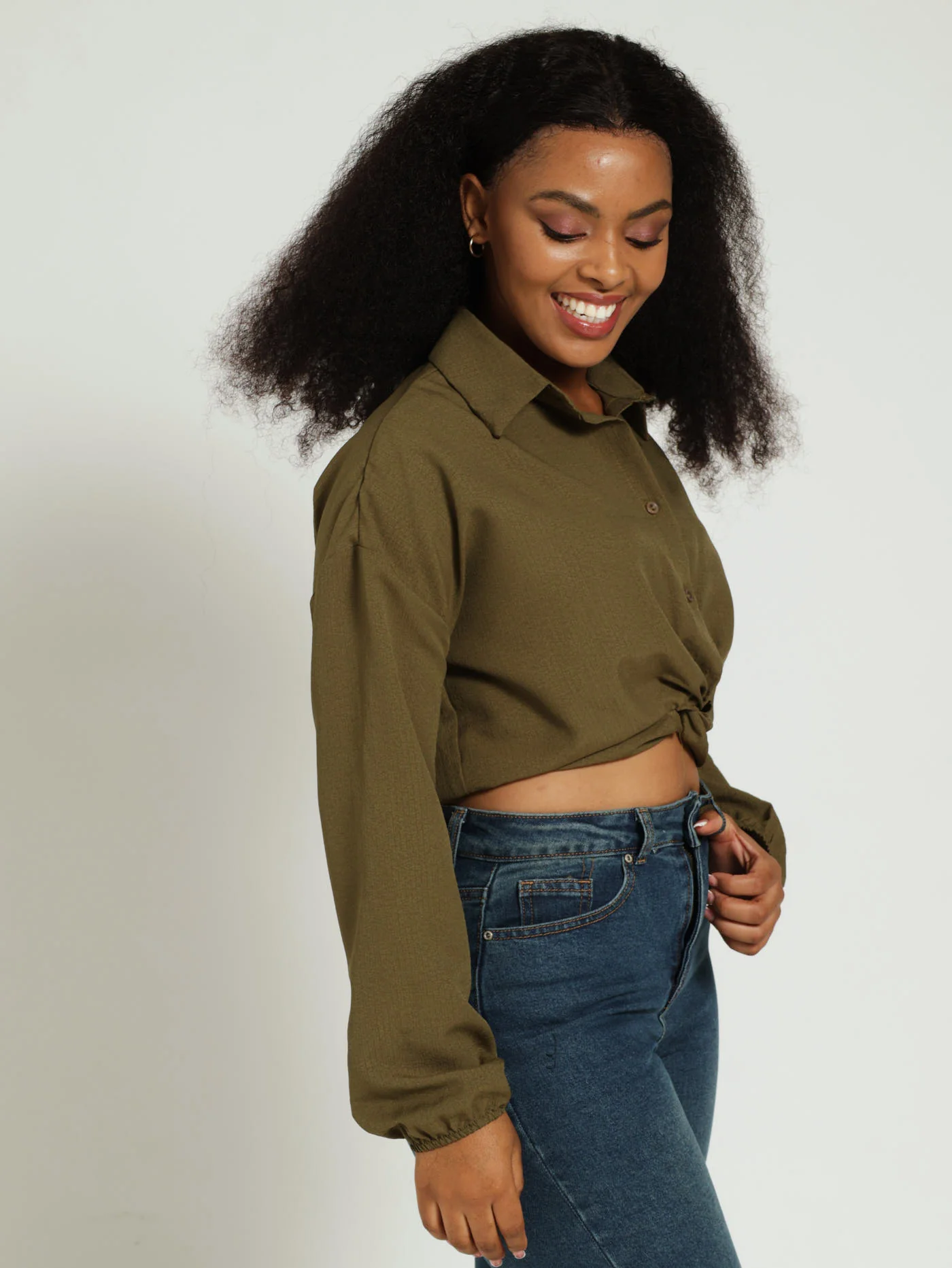 Long Sleeve Crossover Crinkle Shirt - Fatigue - Image 2