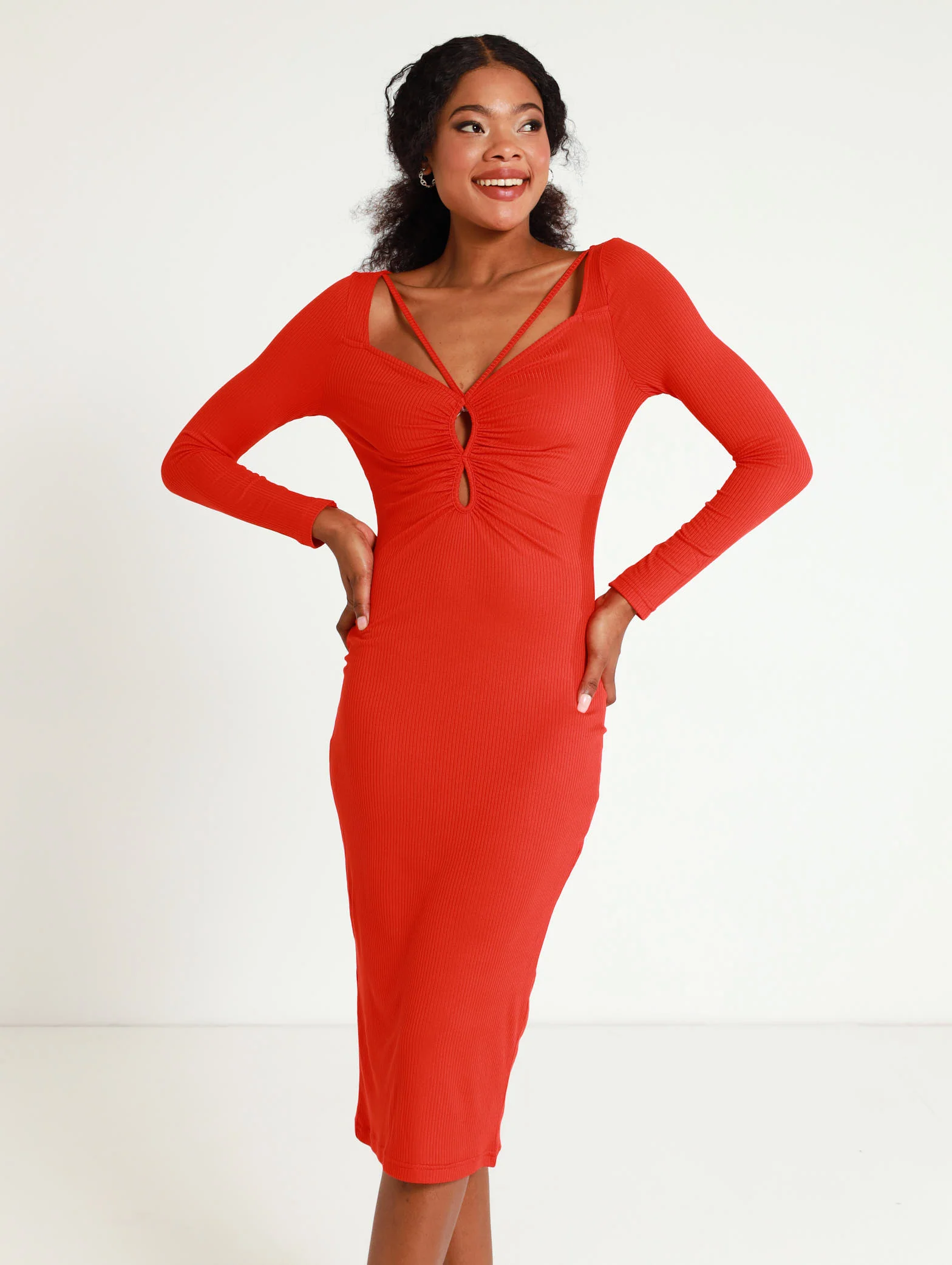 Long Sleeve Cutout Detail Midi Dress