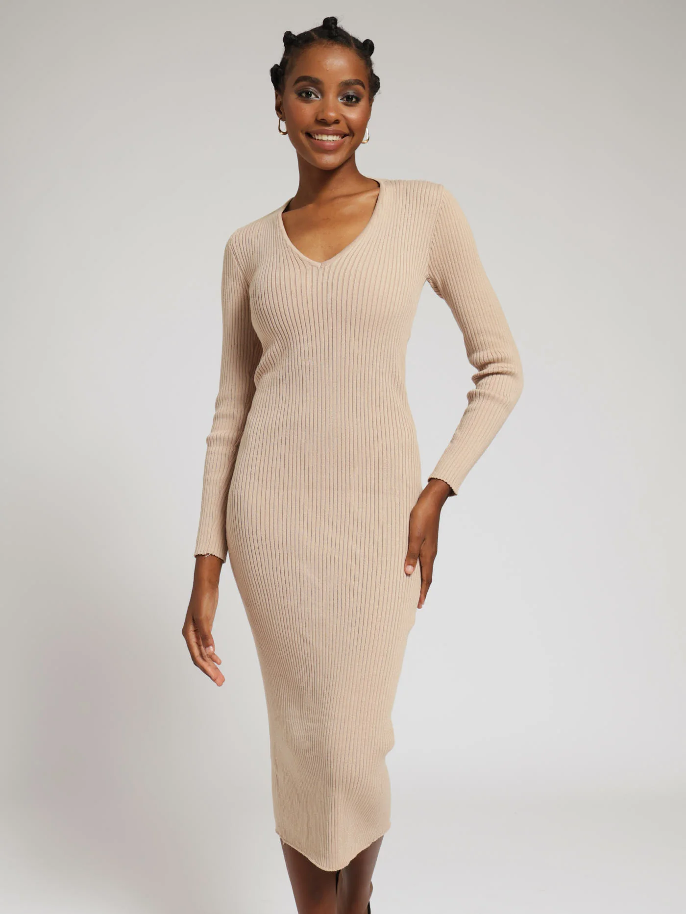 Long Sleeve Deep V Shape Midi Bodycon Dress - Stone