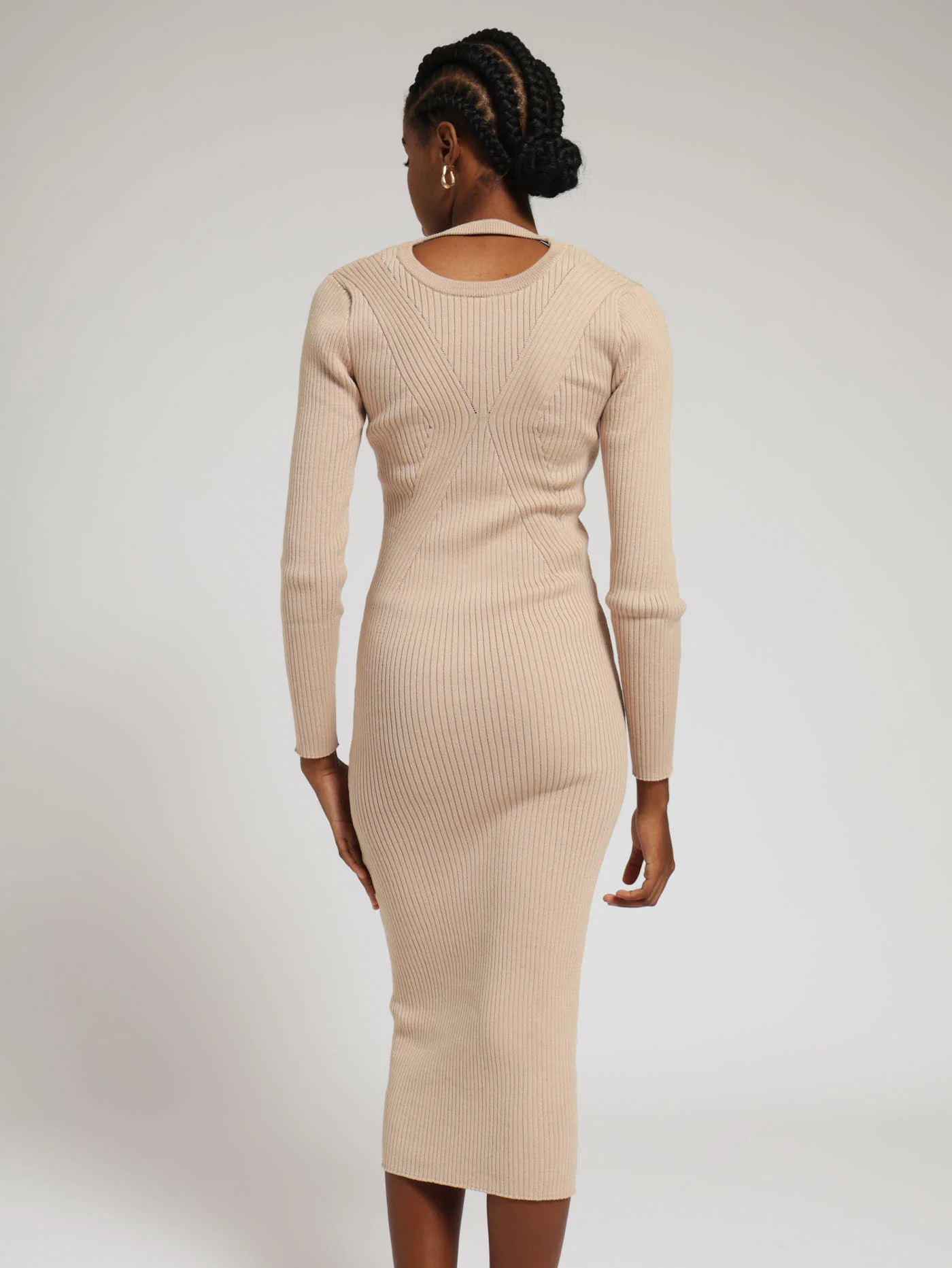 Long Sleeve Deep V Shape Midi Bodycon Dress - Stone - Image 3