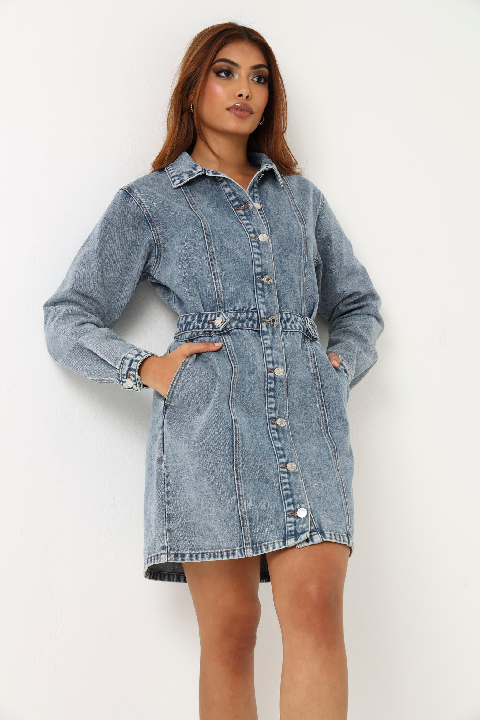 Long Sleeve Denim Mini Dress - Dark Wash