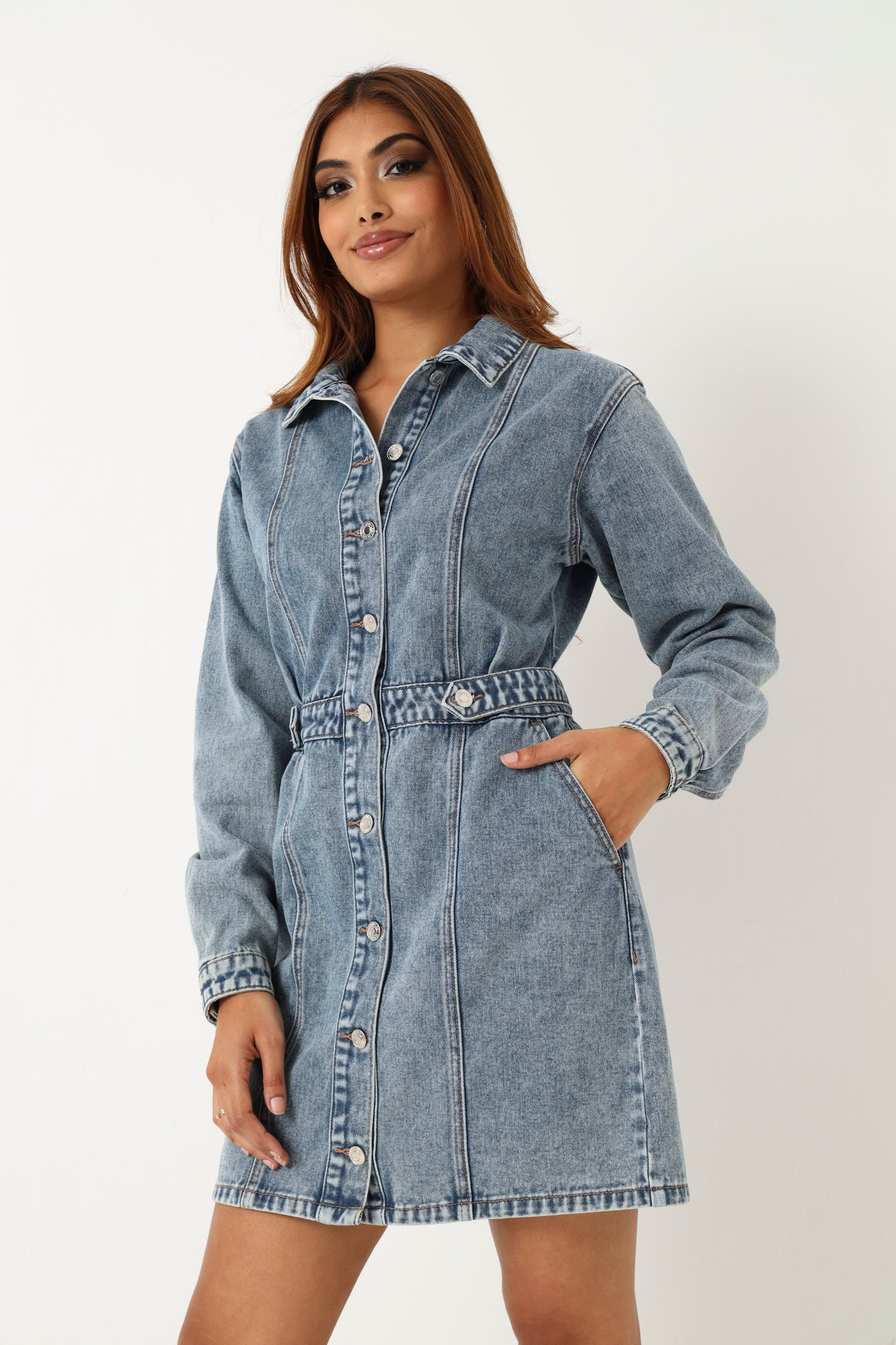 Long Sleeve Denim Mini Dress - Dark Wash - Image 2