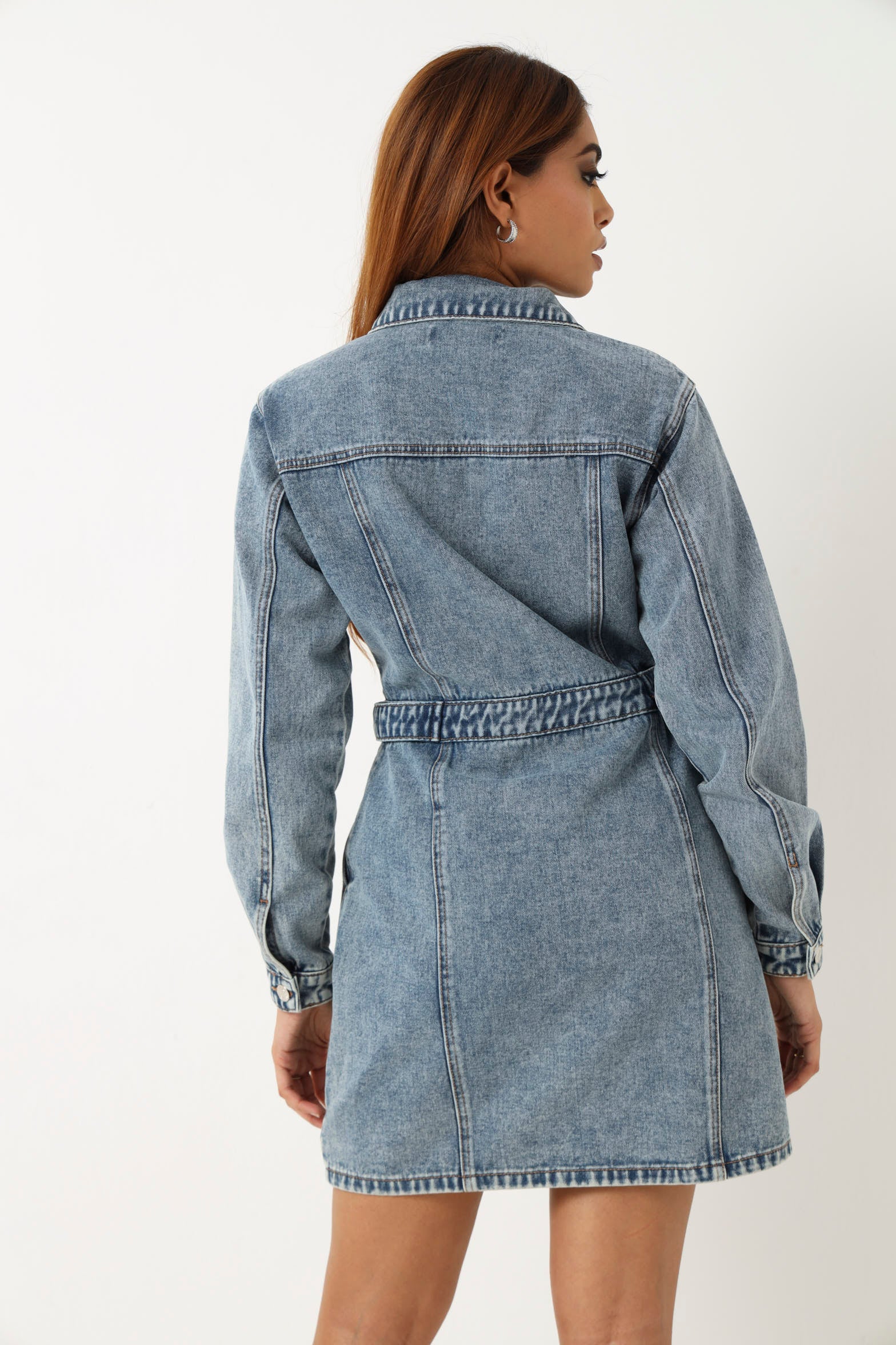 Long Sleeve Denim Mini Dress - Dark Wash - Image 3