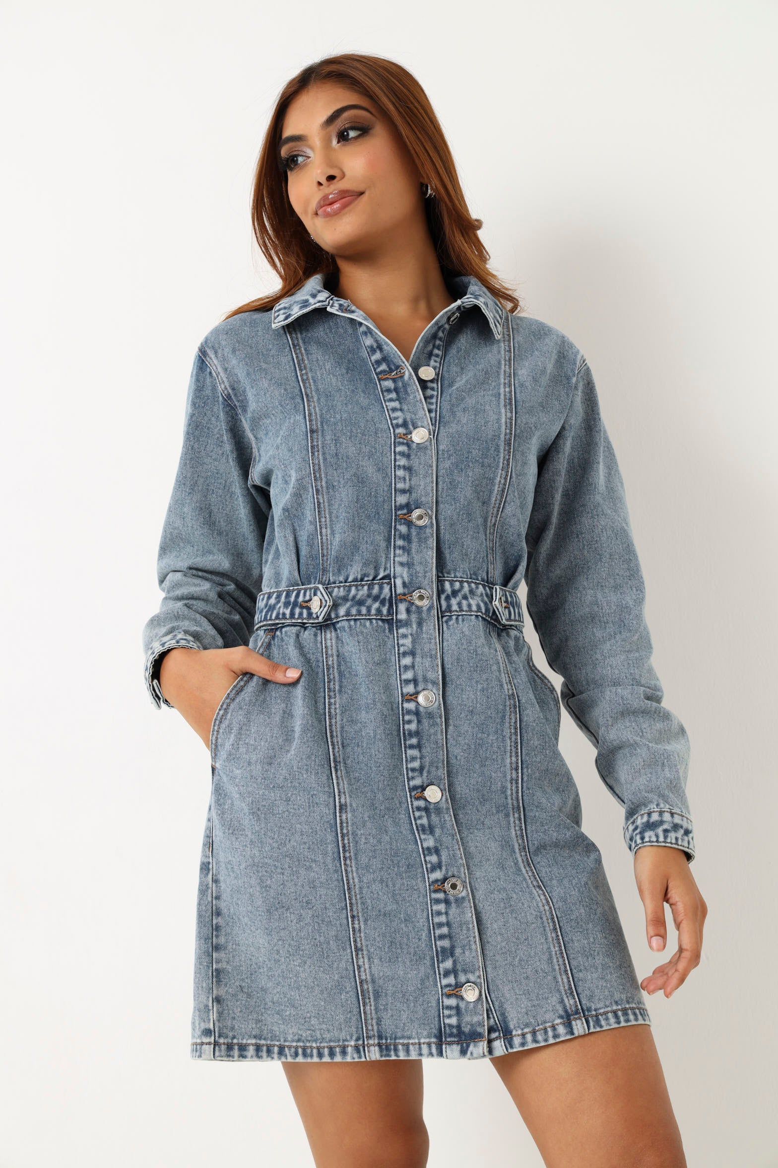 Long Sleeve Denim Mini Dress - Dark Wash - Image 5