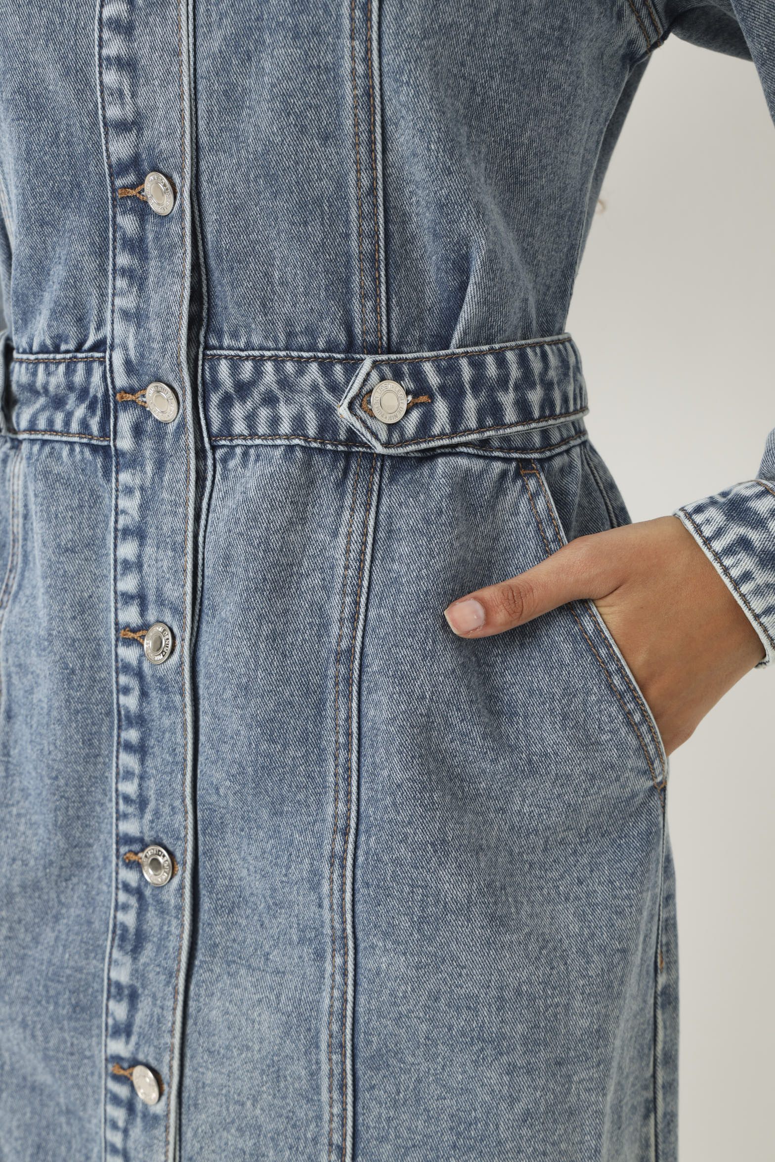 Long Sleeve Denim Mini Dress - Dark Wash - Image 6