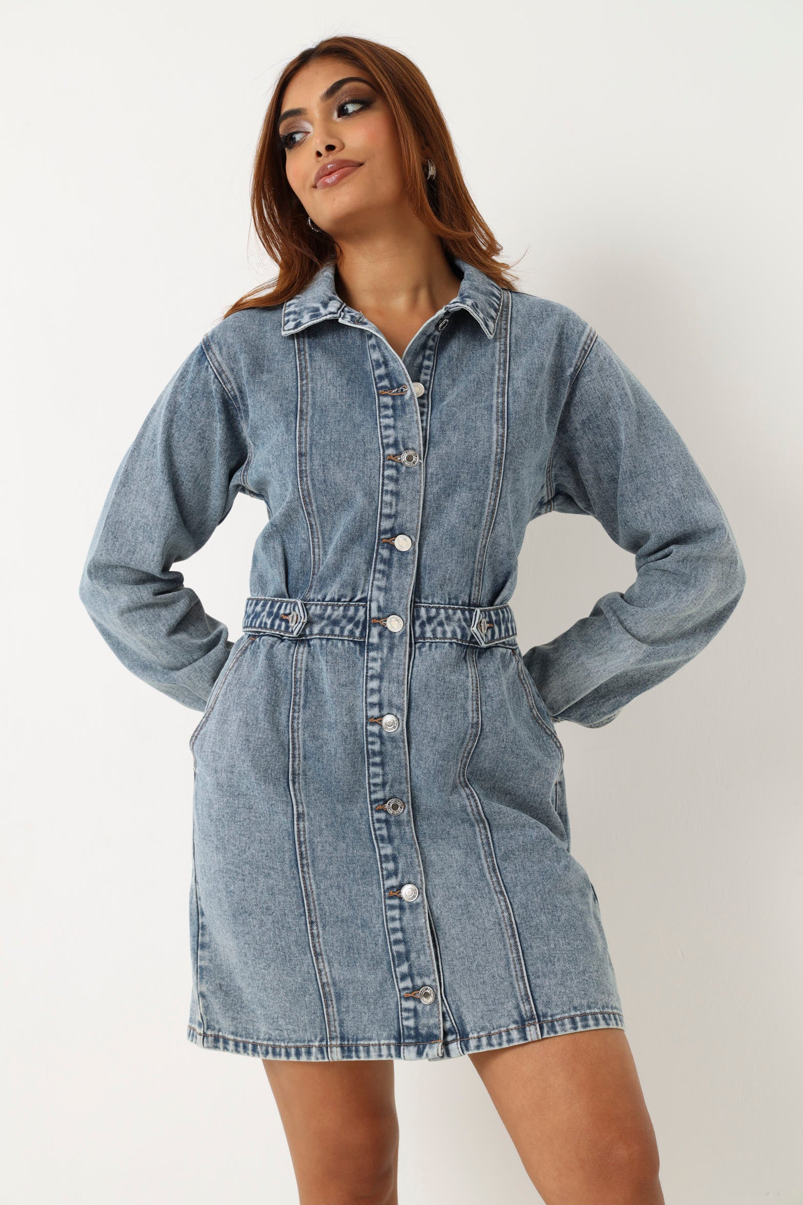 Long Sleeve Denim Mini Dress - Dark Wash - Image 7