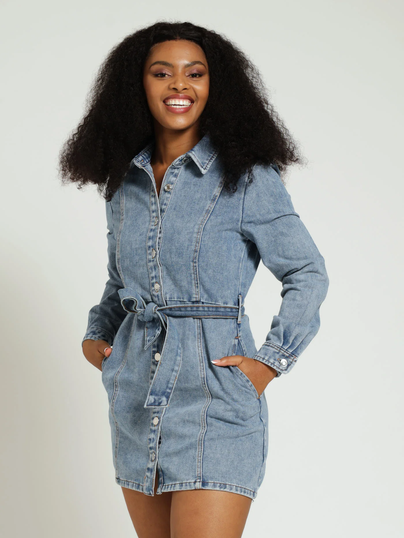 Long Sleeve Denim Shirt Dress - Salty Mid Wash
