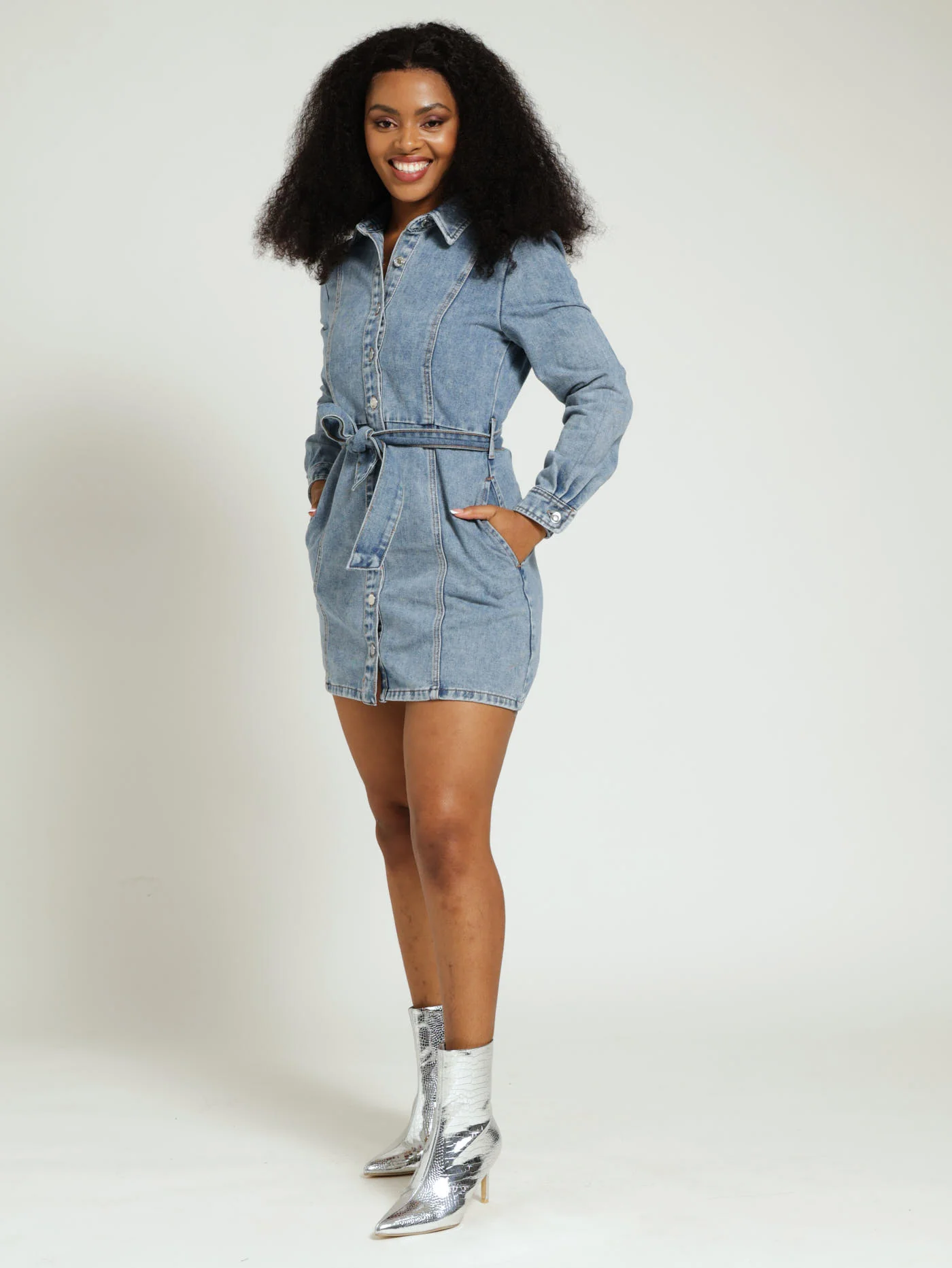 Long Sleeve Denim Shirt Dress - Salty Mid Wash - Image 4