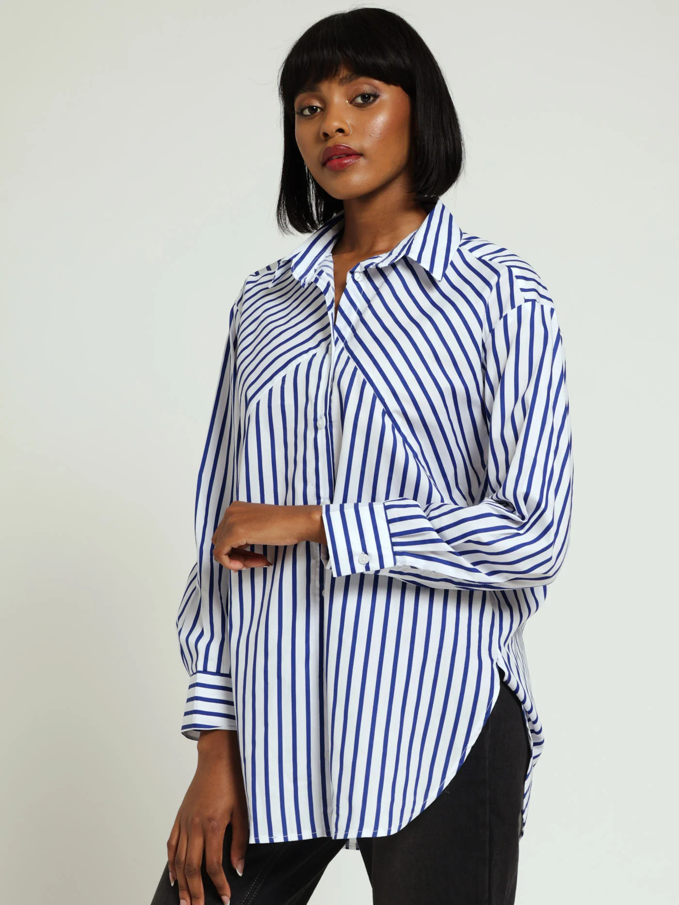 Long Sleeve Diagonal Stripe Oversized Poplin Shirt - Cobalt - Image 2