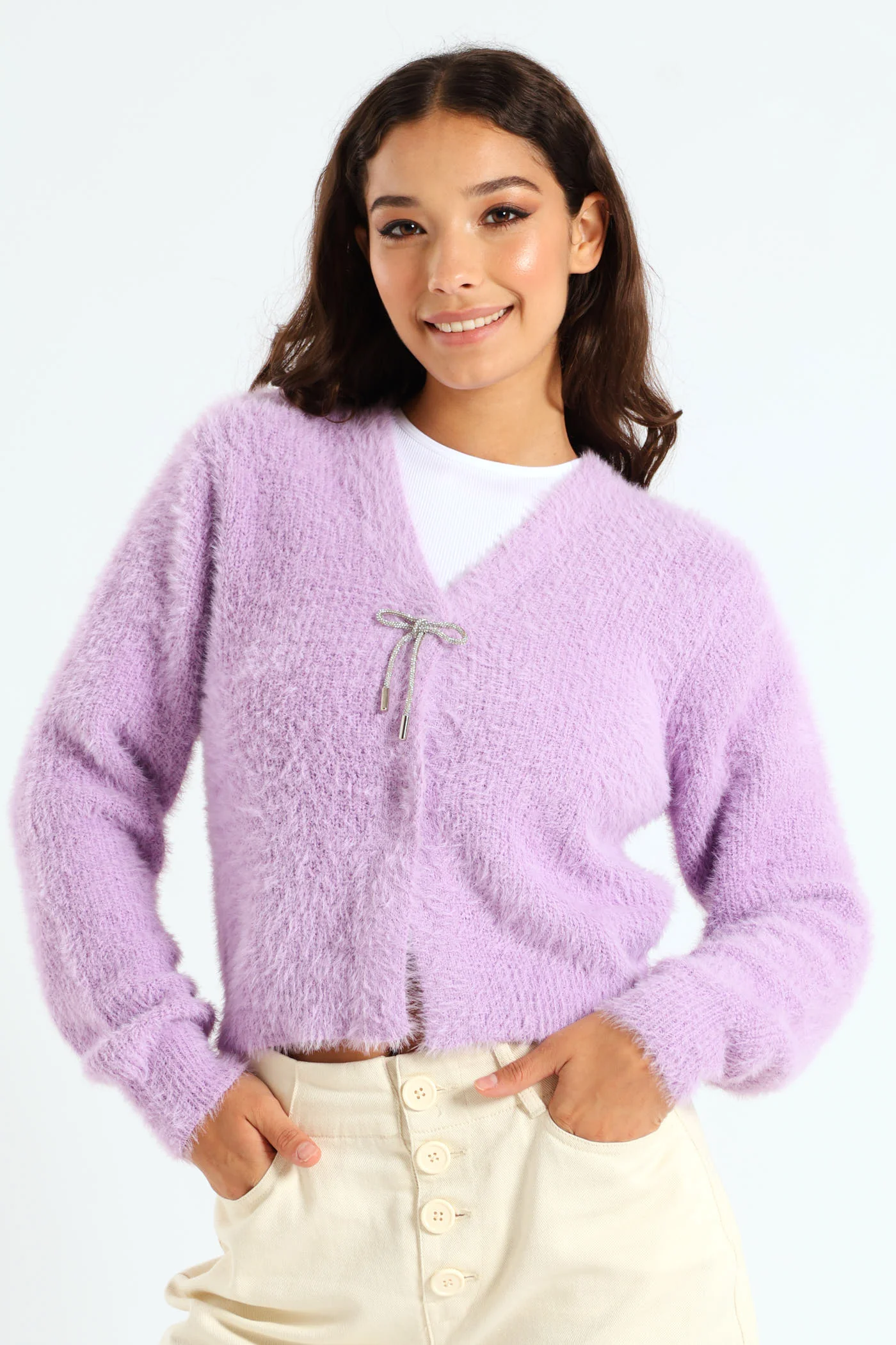 Long Sleeve Diamante Trim Fluffy Cardigan - Lilac