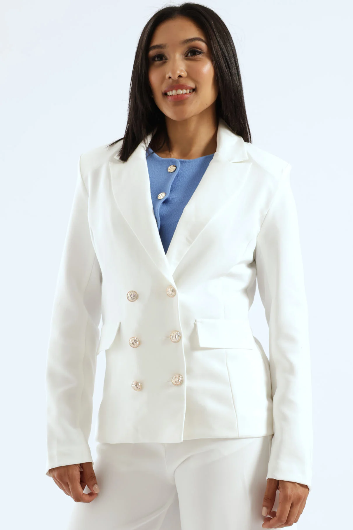 Long Sleeve Double Breast Blazer - White