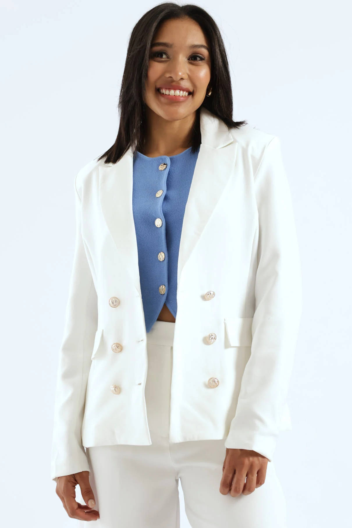 Long Sleeve Double Breast Blazer - White - Image 3
