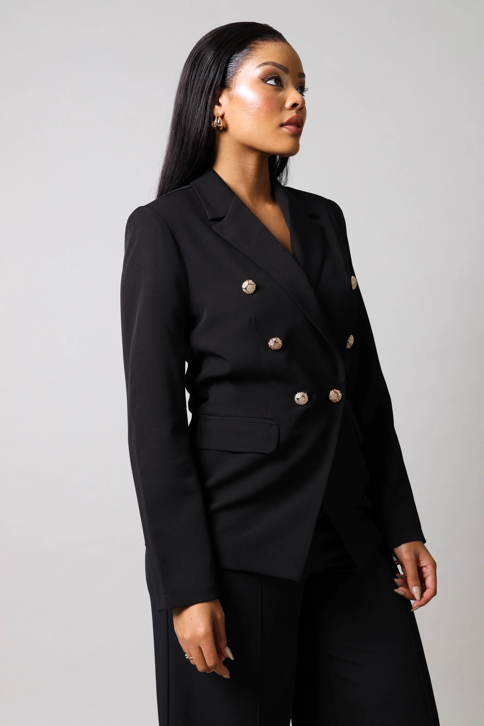 Long Sleeve Double Breasted Blazer - Jet Black - Image 3