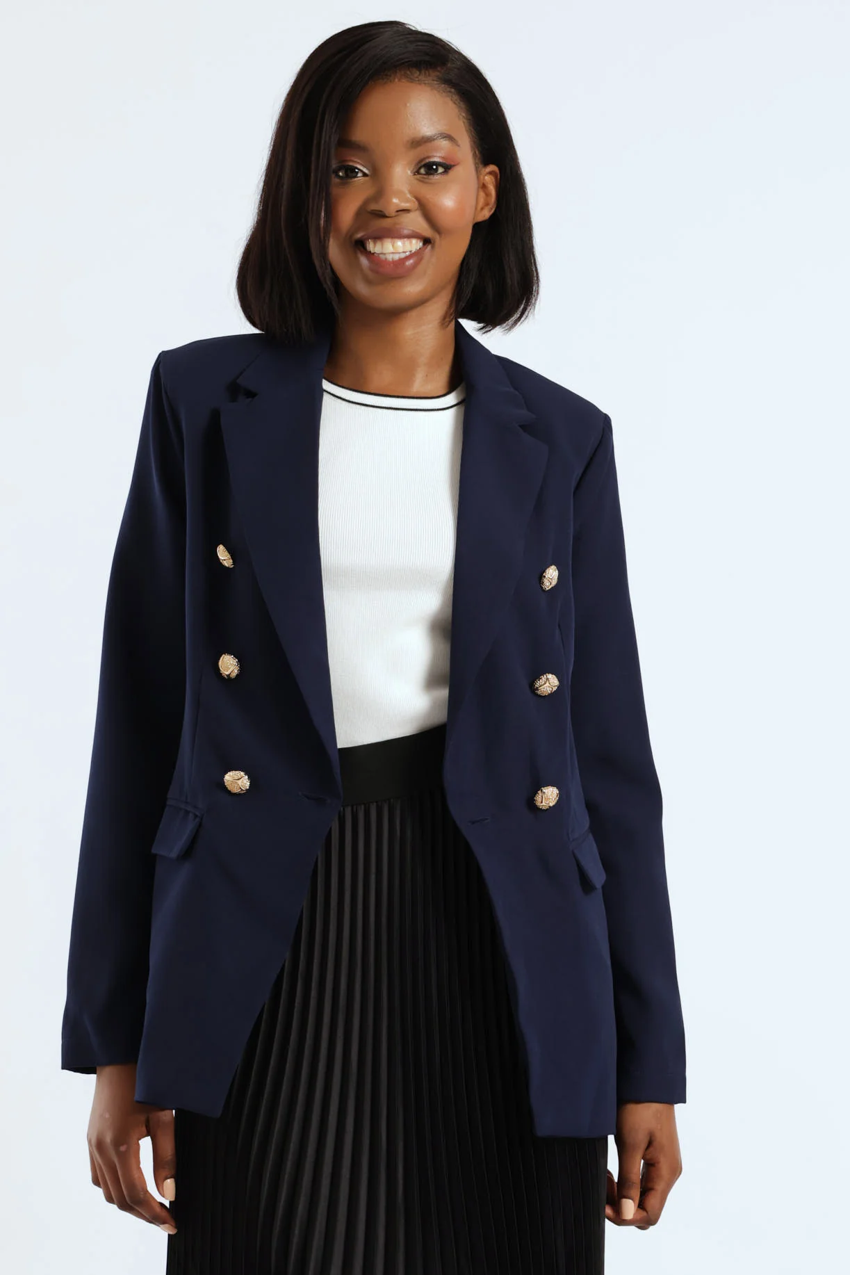 Long Sleeve Double Breasted Metal Button Blazer - Navy