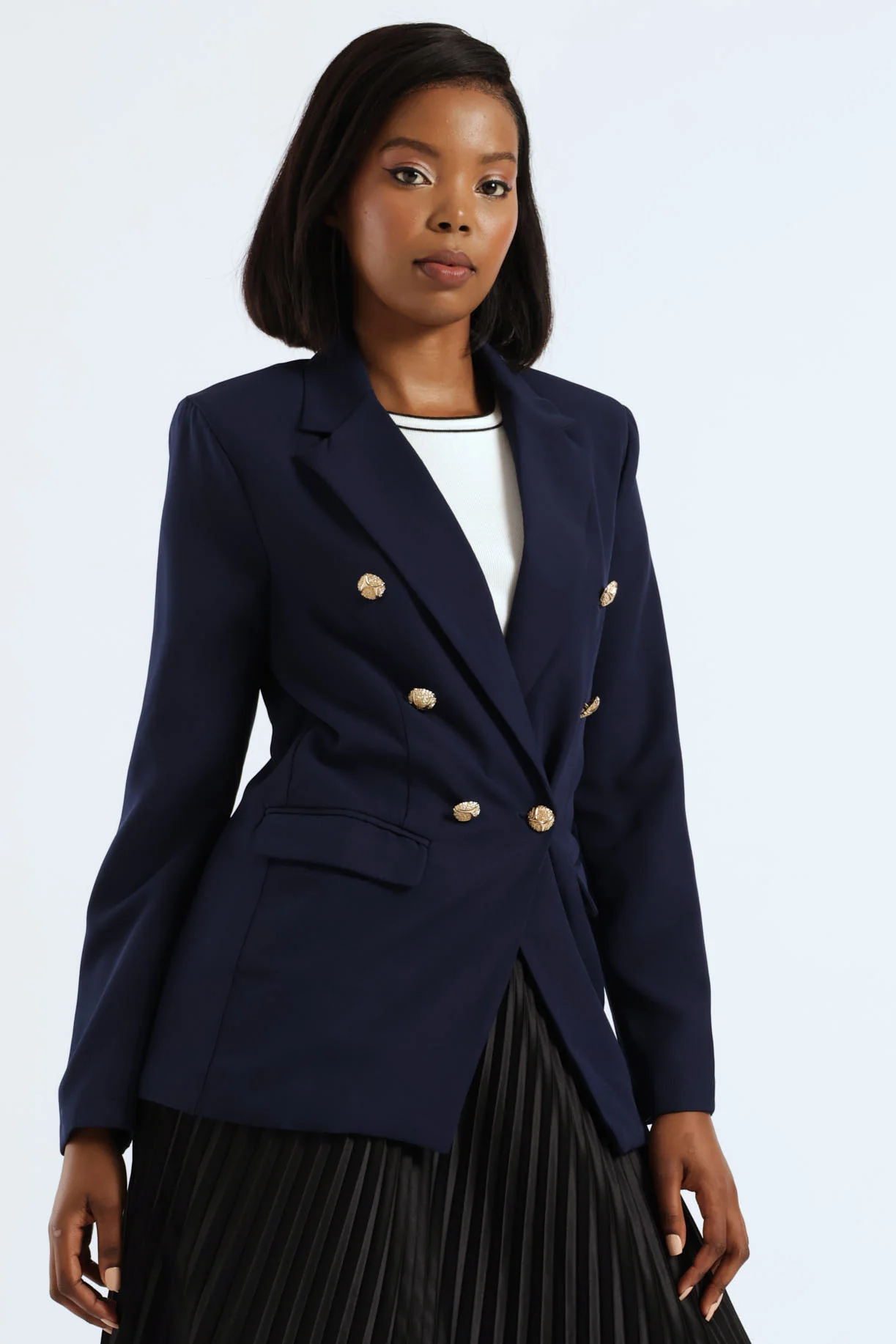 Long Sleeve Double Breasted Metal Button Blazer - Navy - Image 2