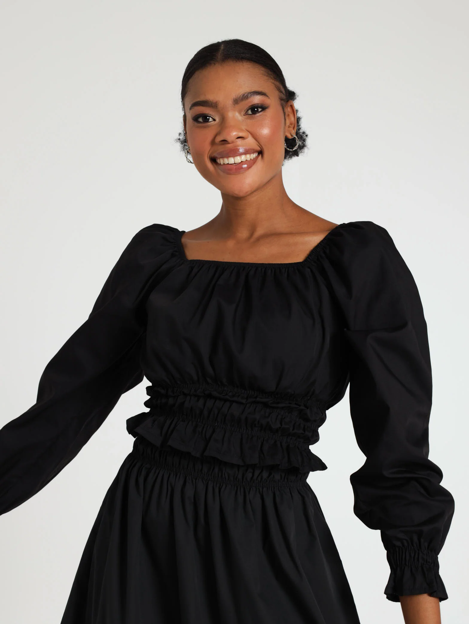 Long Sleeve Elastic Detail Poplin Top